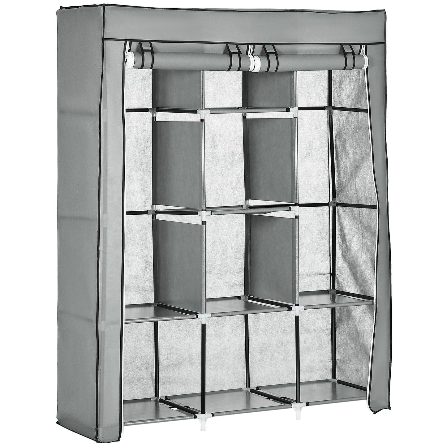 Fabric wardrobe with rails, 8 levels, foldable, light grey