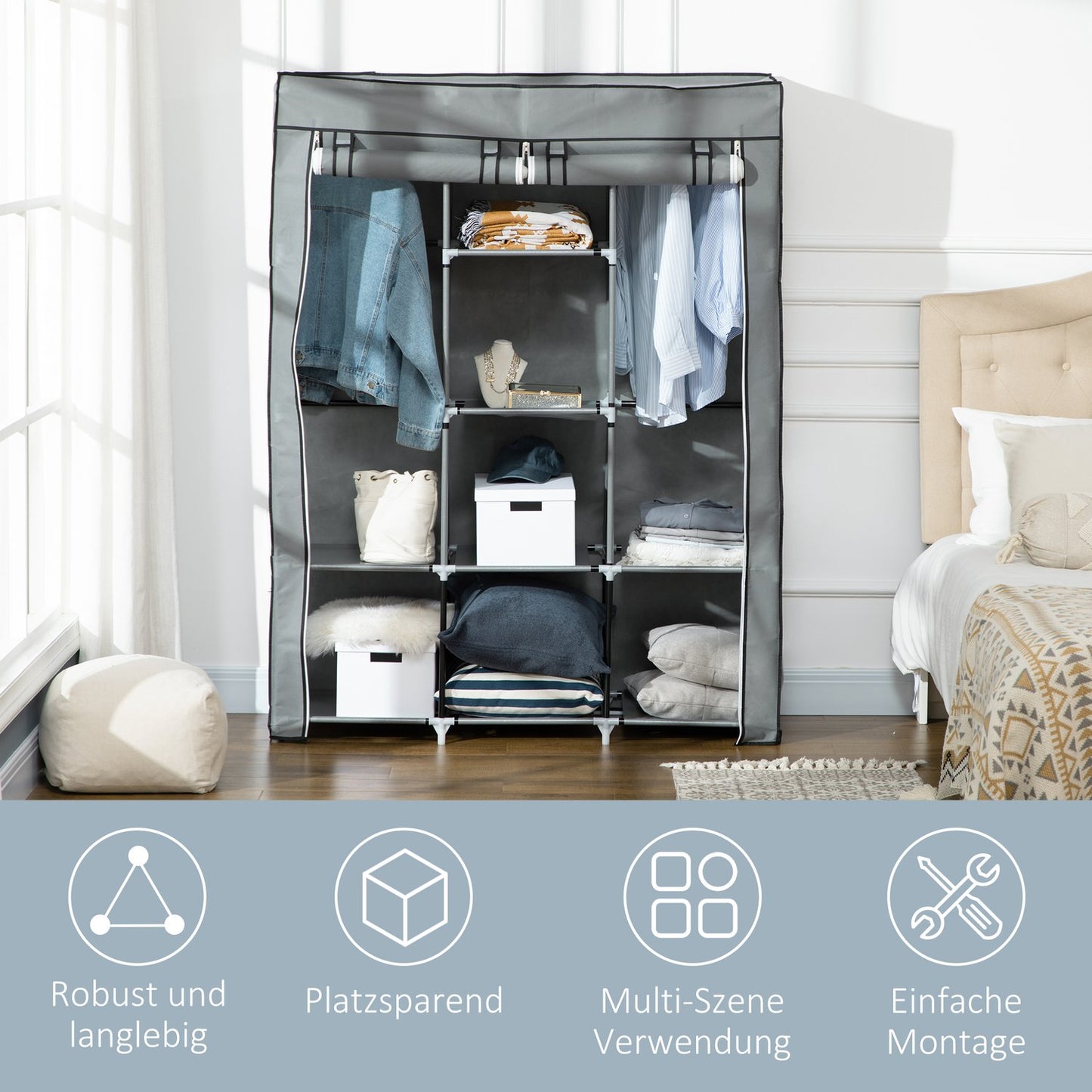 Fabric wardrobe with rails, 8 levels, foldable, light grey