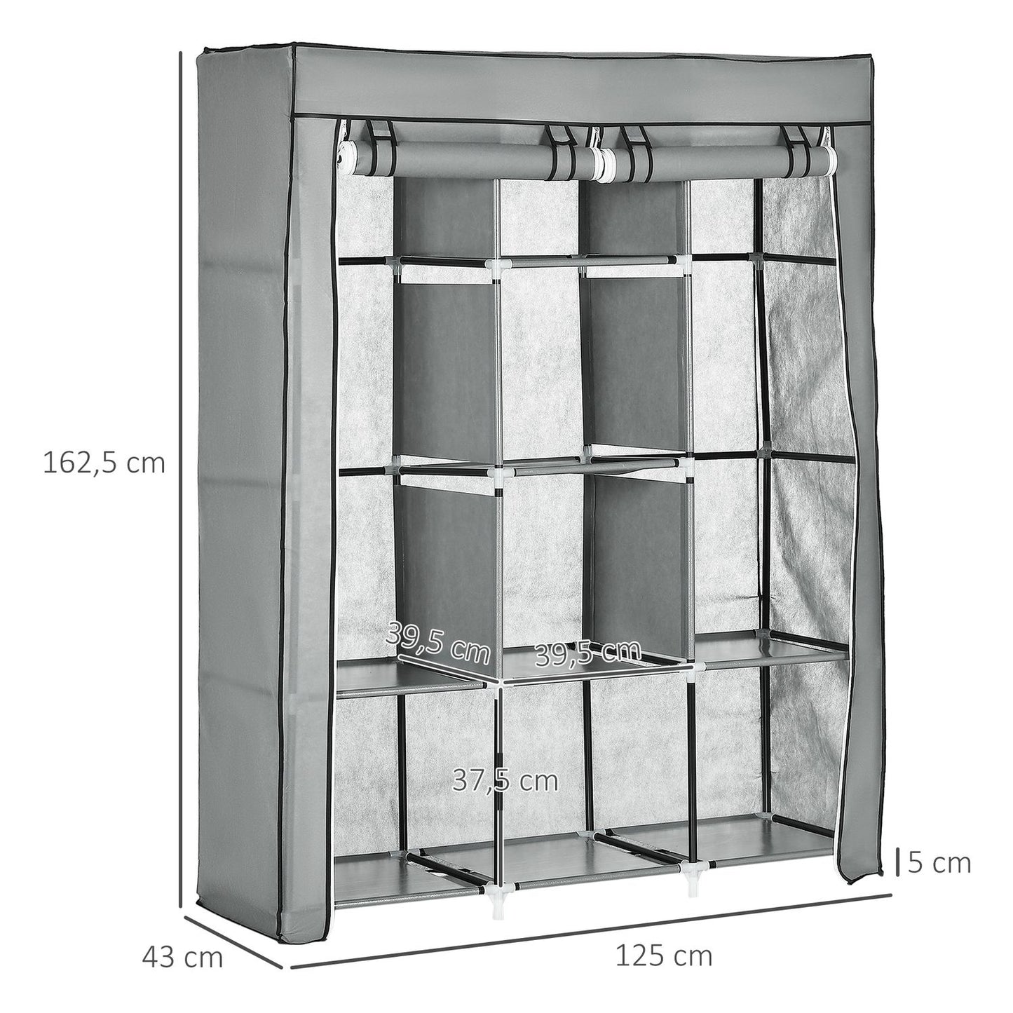 Fabric wardrobe with rails, 8 levels, foldable, light grey