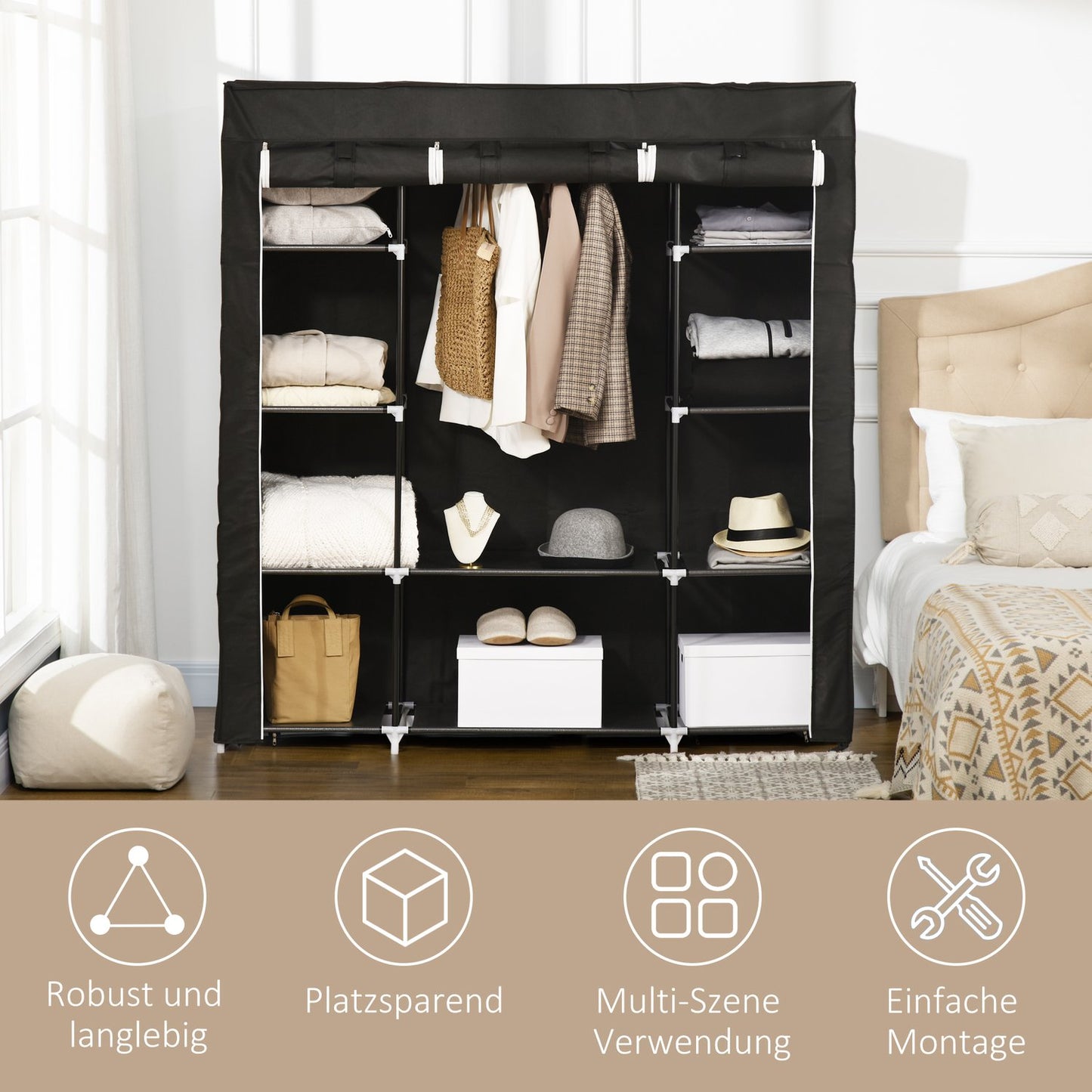 Fabric wardrobe - zipper, 1 rail, 10 shelves, 150x43x162cm