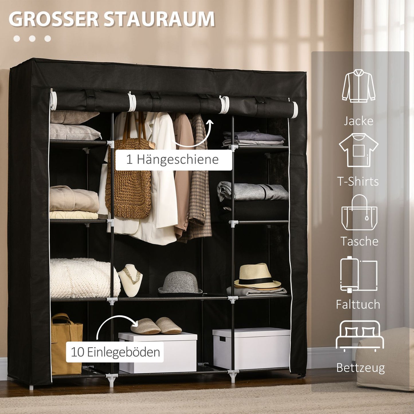 Fabric wardrobe - zipper, 1 rail, 10 shelves, 150x43x162cm