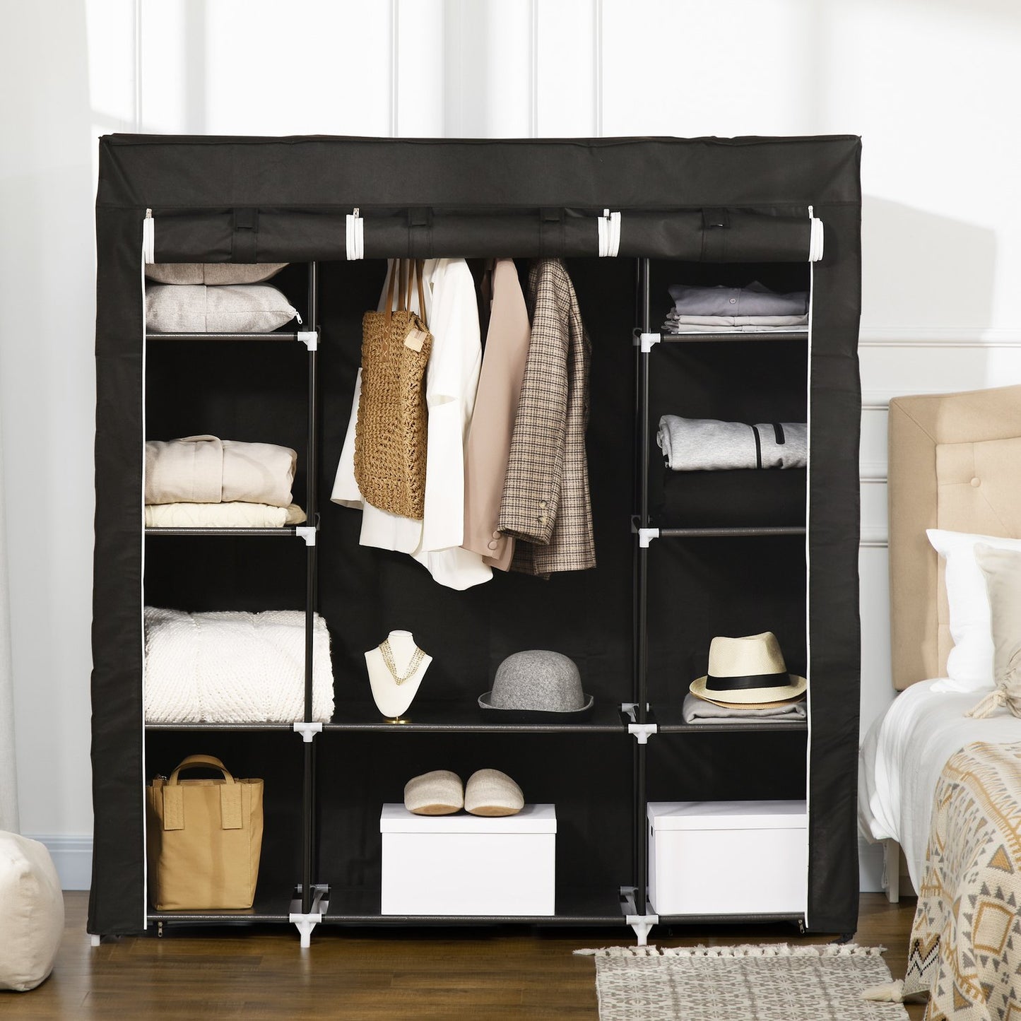 Fabric wardrobe - zipper, 1 rail, 10 shelves, 150x43x162cm