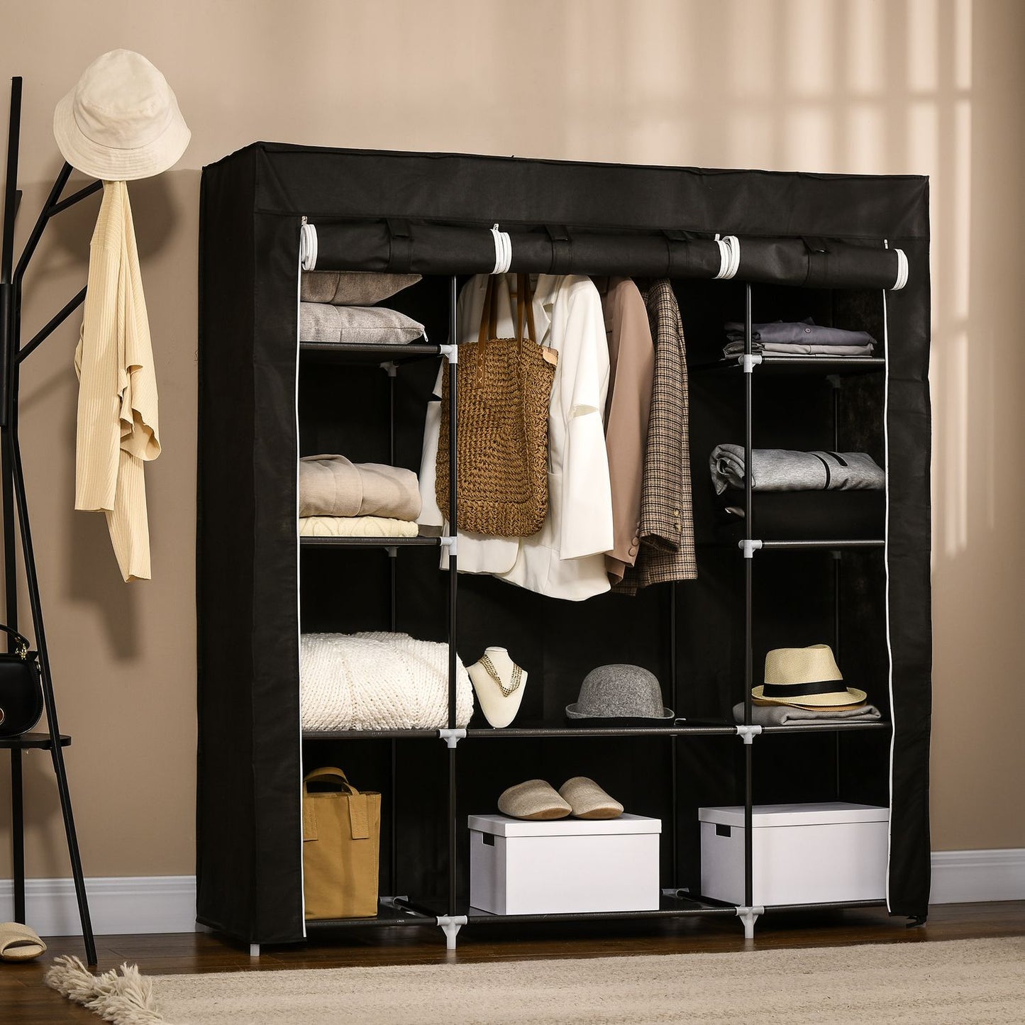Fabric wardrobe - zipper, 1 rail, 10 shelves, 150x43x162cm
