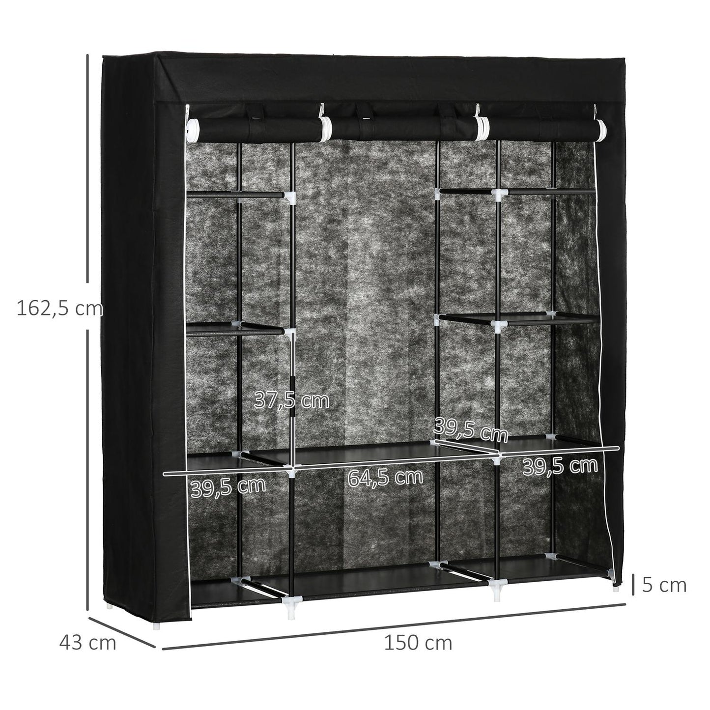 Fabric wardrobe - zipper, 1 rail, 10 shelves, 150x43x162cm