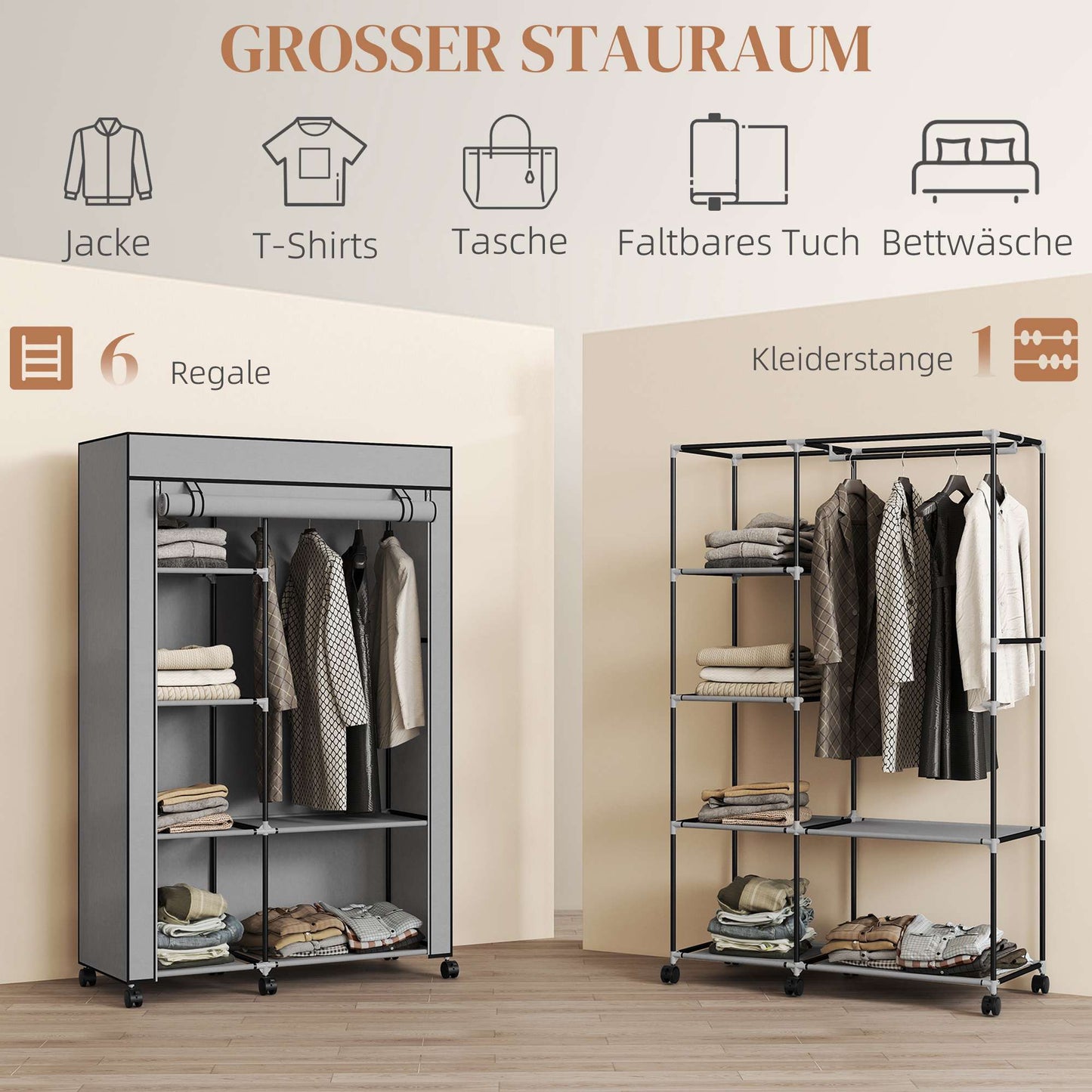 Fabric Wardrobe with 6 Shelves and Hanging Rod, Light Gray