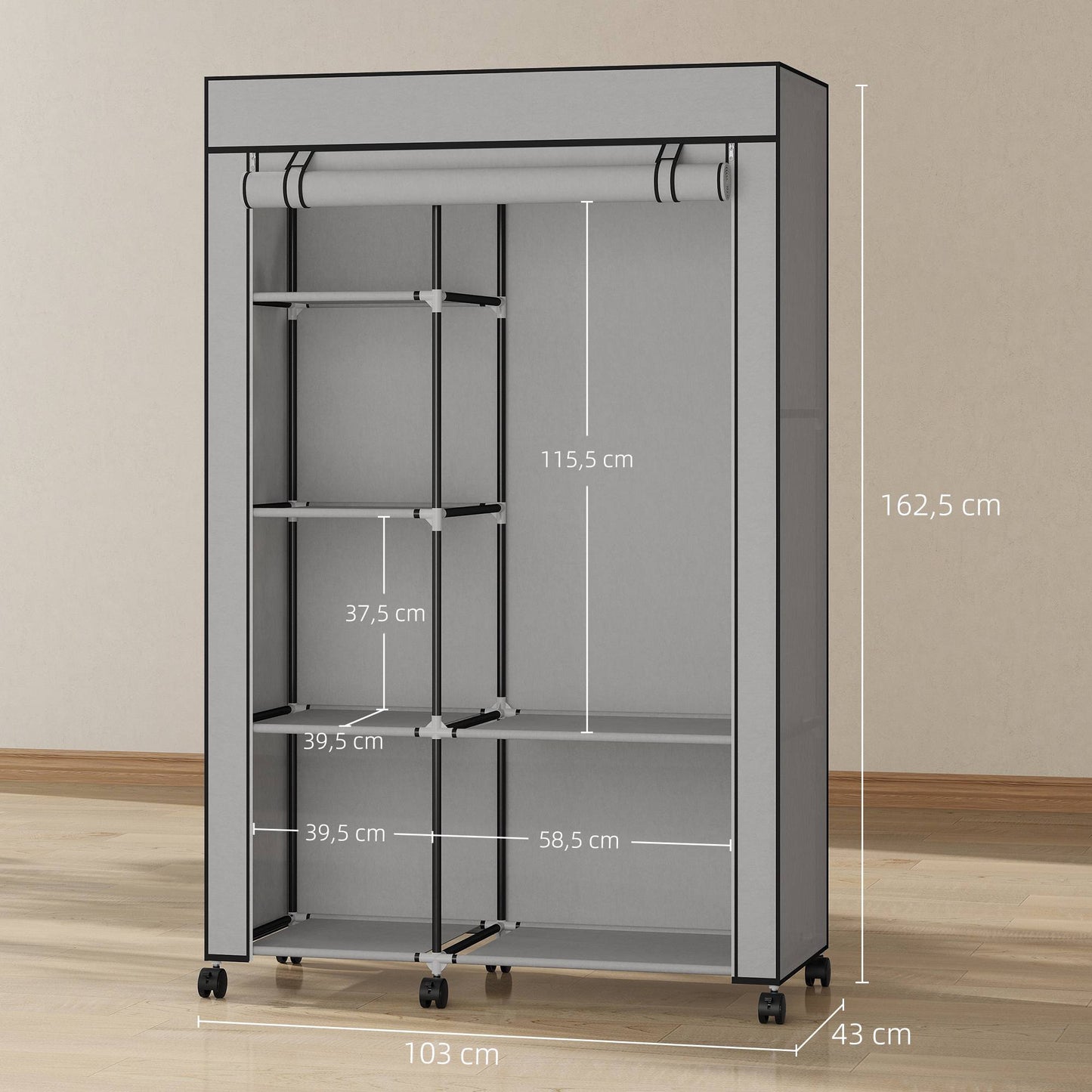 Fabric Wardrobe with 6 Shelves and Hanging Rod, Light Gray