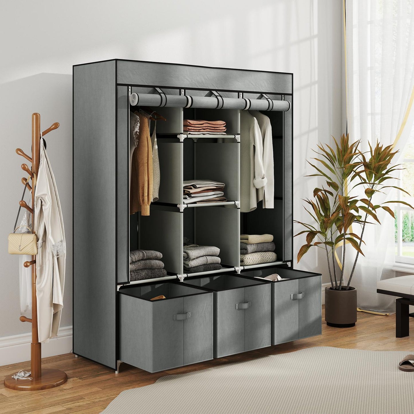 Foldable Fabric Wardrobe with Drawers, Light Grey, 125x43x162.5 cm