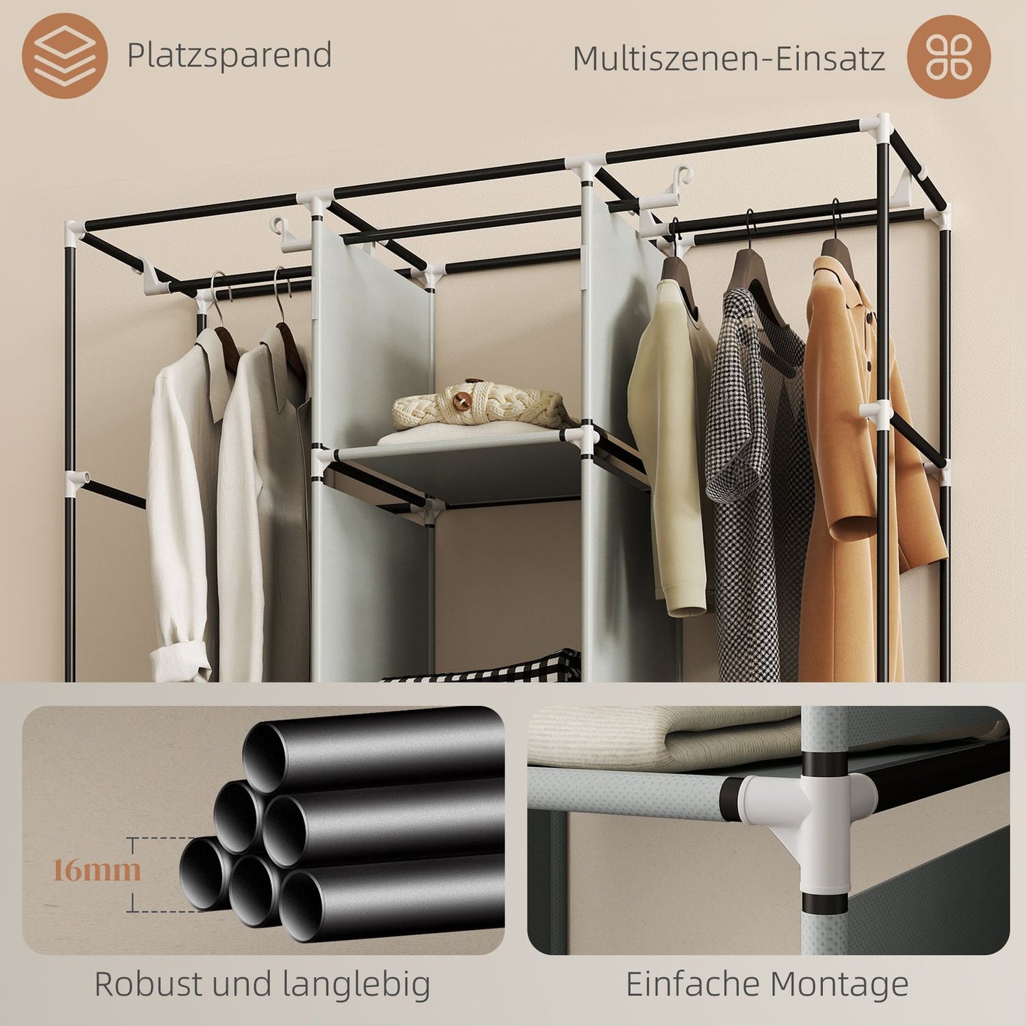 Foldable Fabric Wardrobe with Drawers, Light Grey, 125x43x162.5 cm