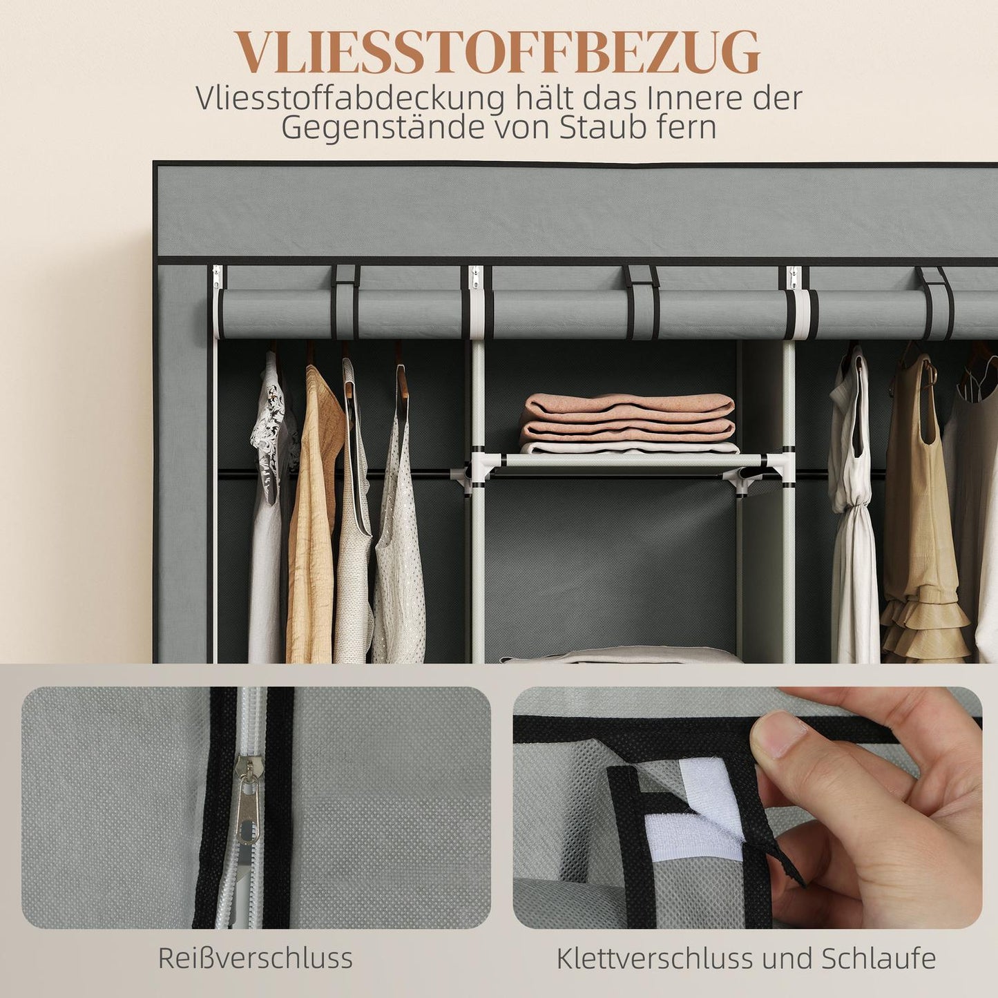 Foldable Fabric Wardrobe with Drawers, Light Grey, 125x43x162.5 cm