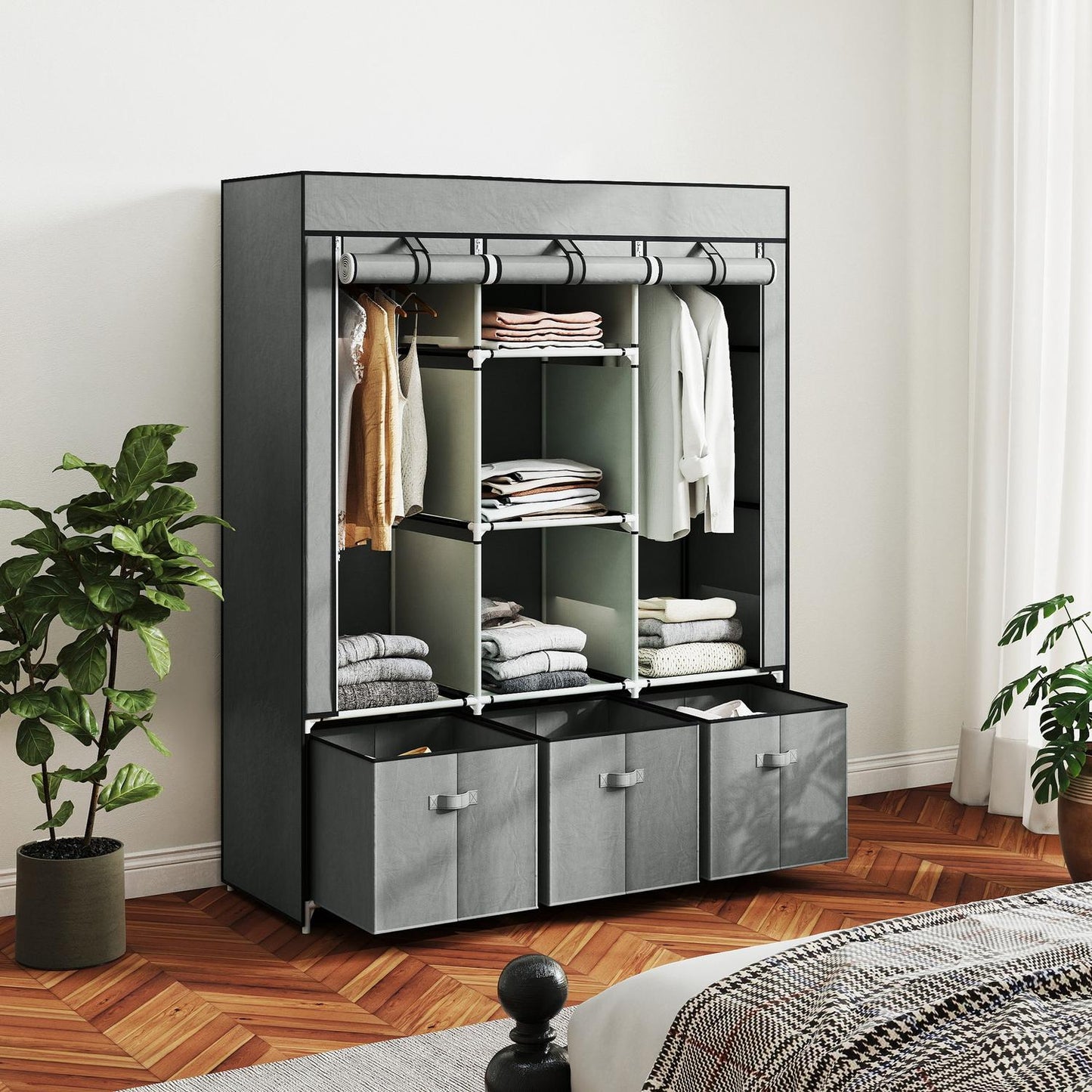 Foldable Fabric Wardrobe with Drawers, Light Grey, 125x43x162.5 cm