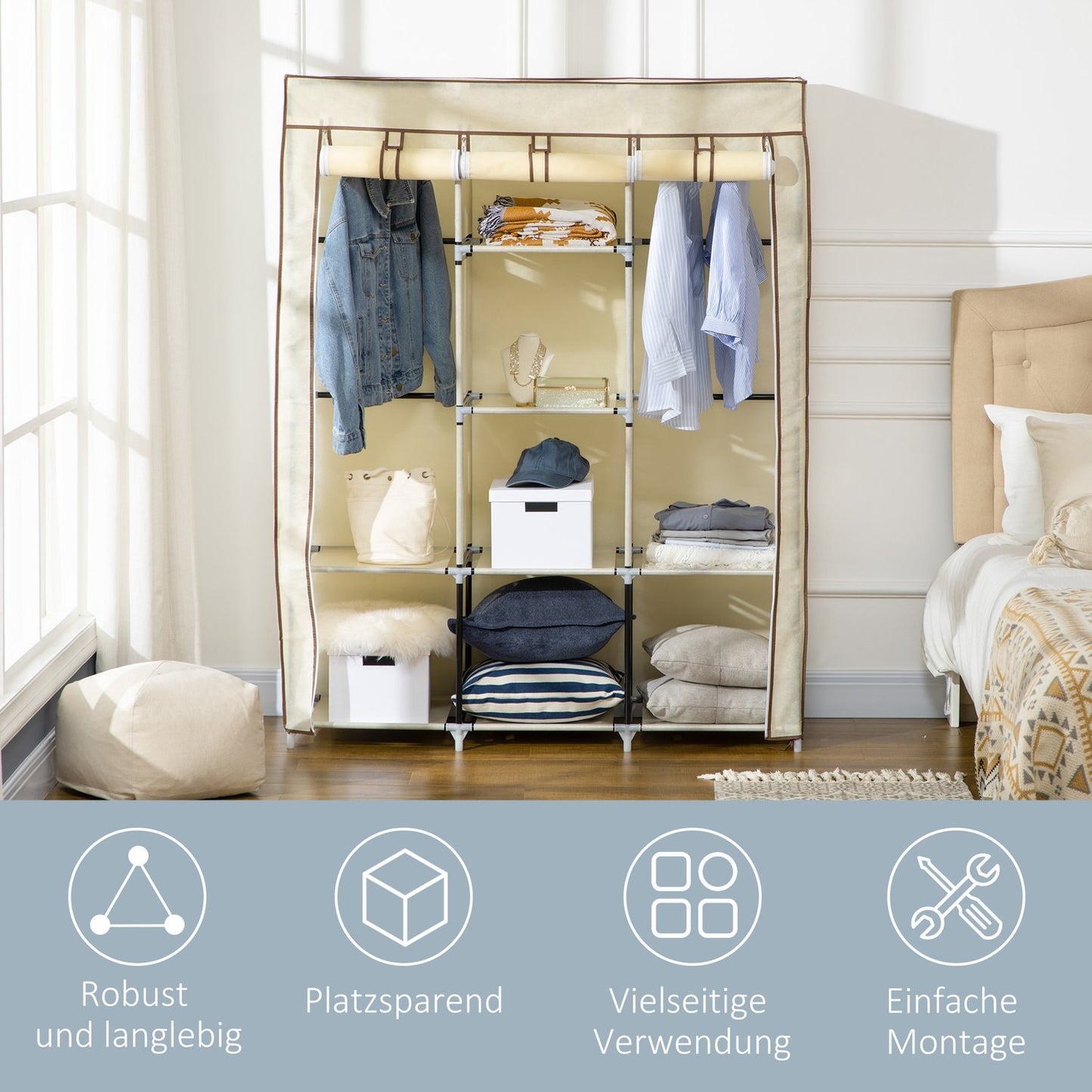 Fabric wardrobe with clothes rail, foldable, cream white