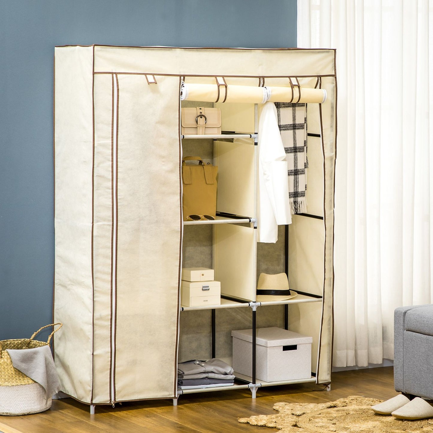 Fabric wardrobe with clothes rail, foldable, cream white