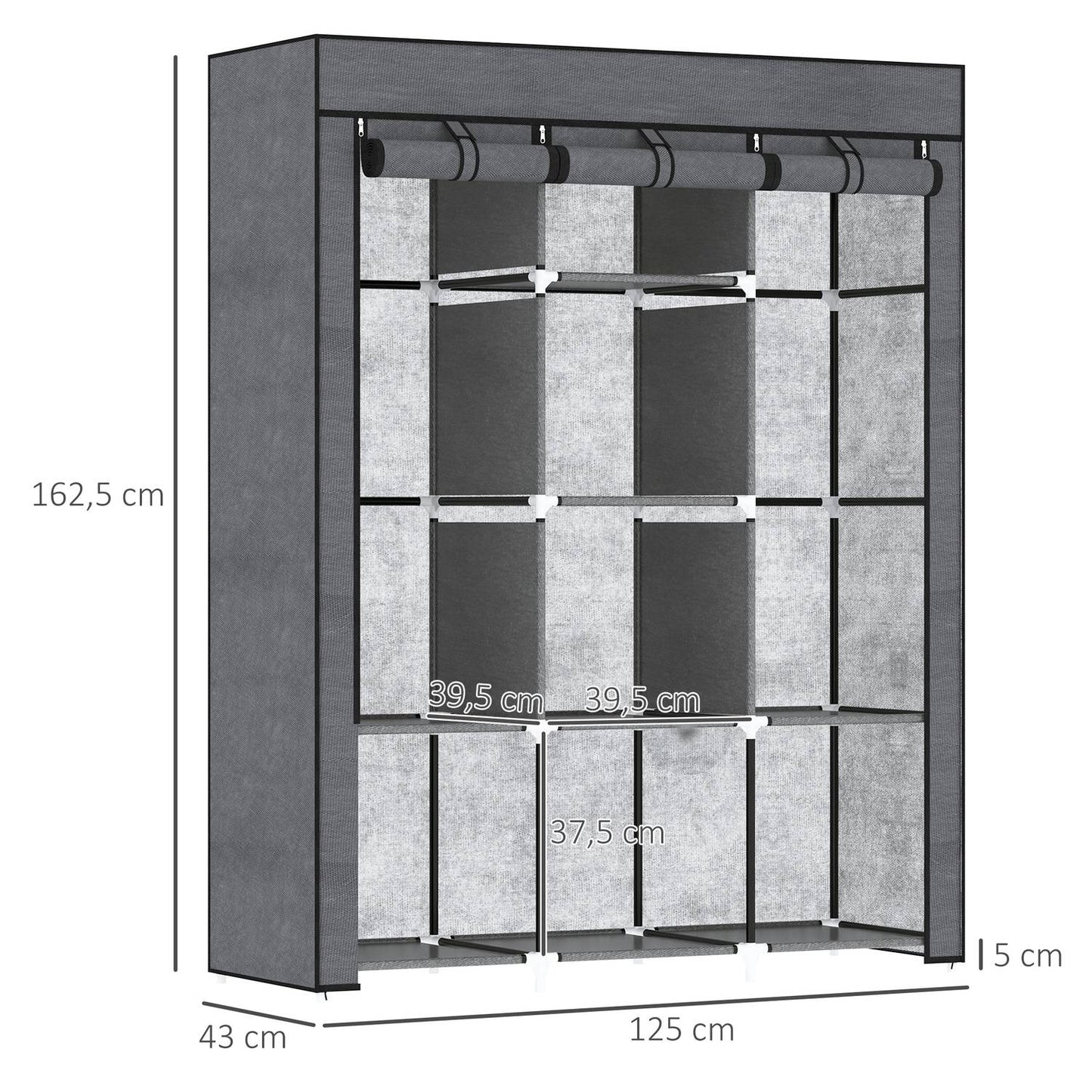 Folding fabric wardrobe with clothes rail, dark grey