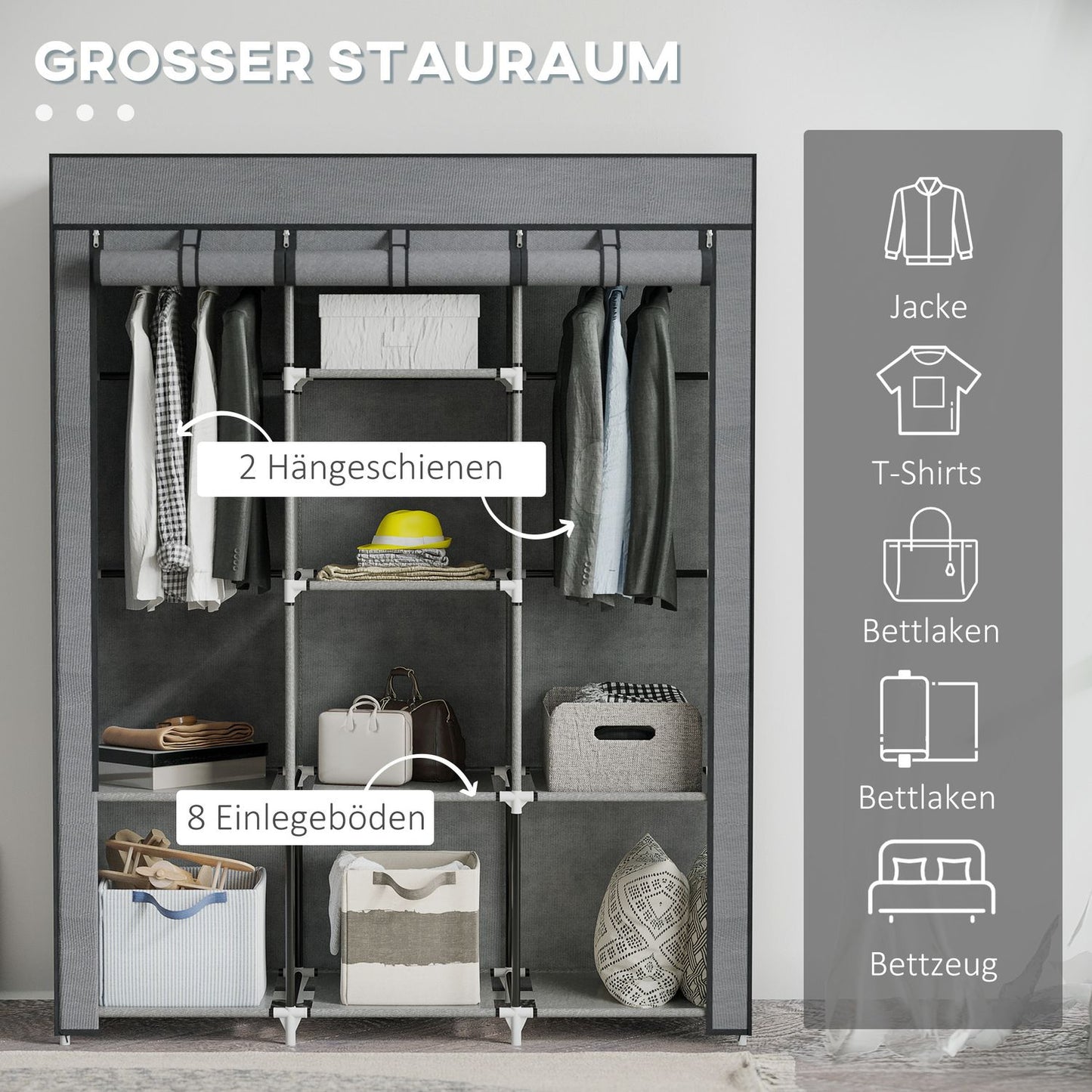Folding fabric wardrobe with clothes rail, dark grey