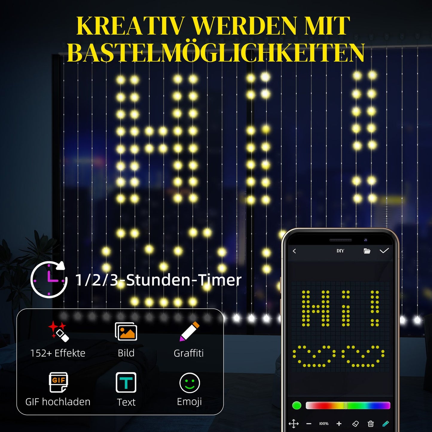 LED Fairy Light Curtain, 3x3m, 400 LEDs, Music Sync, Timer
