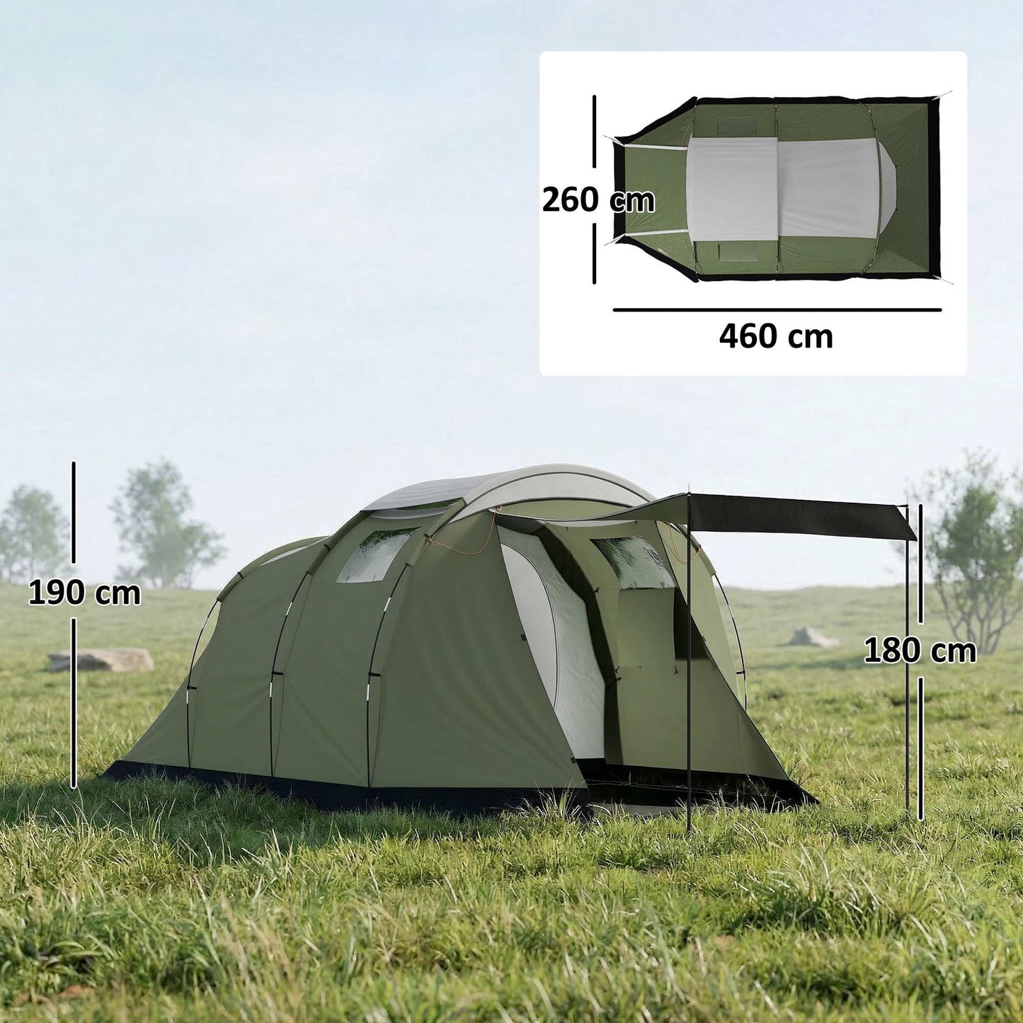 Family Camping Tent, 3-4 Person, 3000mm Waterproof, Green