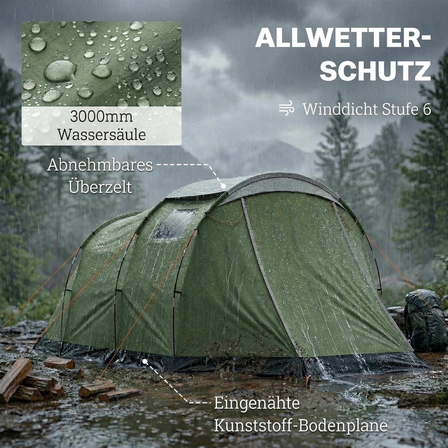 Family Camping Tent, 3-4 Person, 3000mm Waterproof, Green