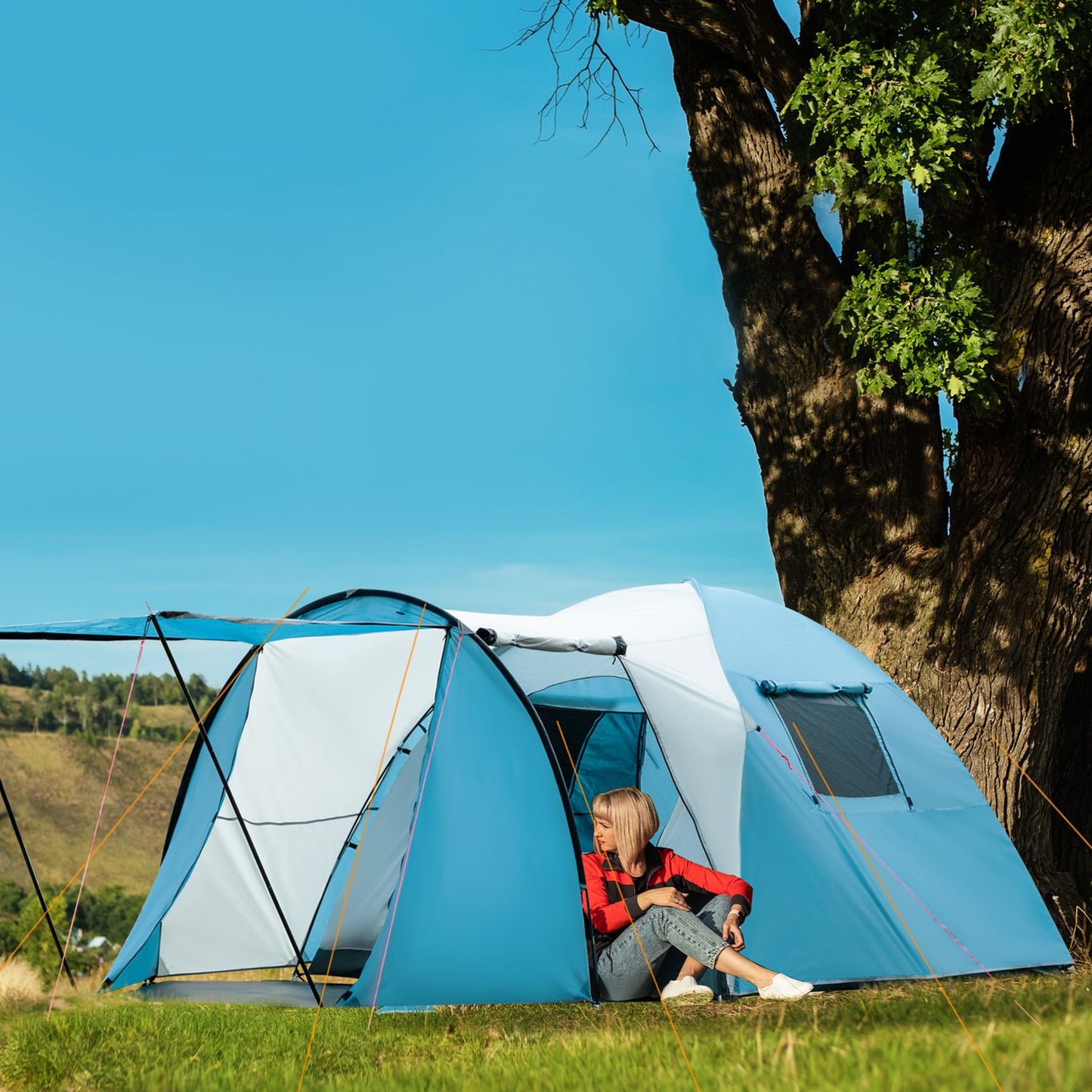 3-person family tent, bedroom and vestibule, waterproof blue
