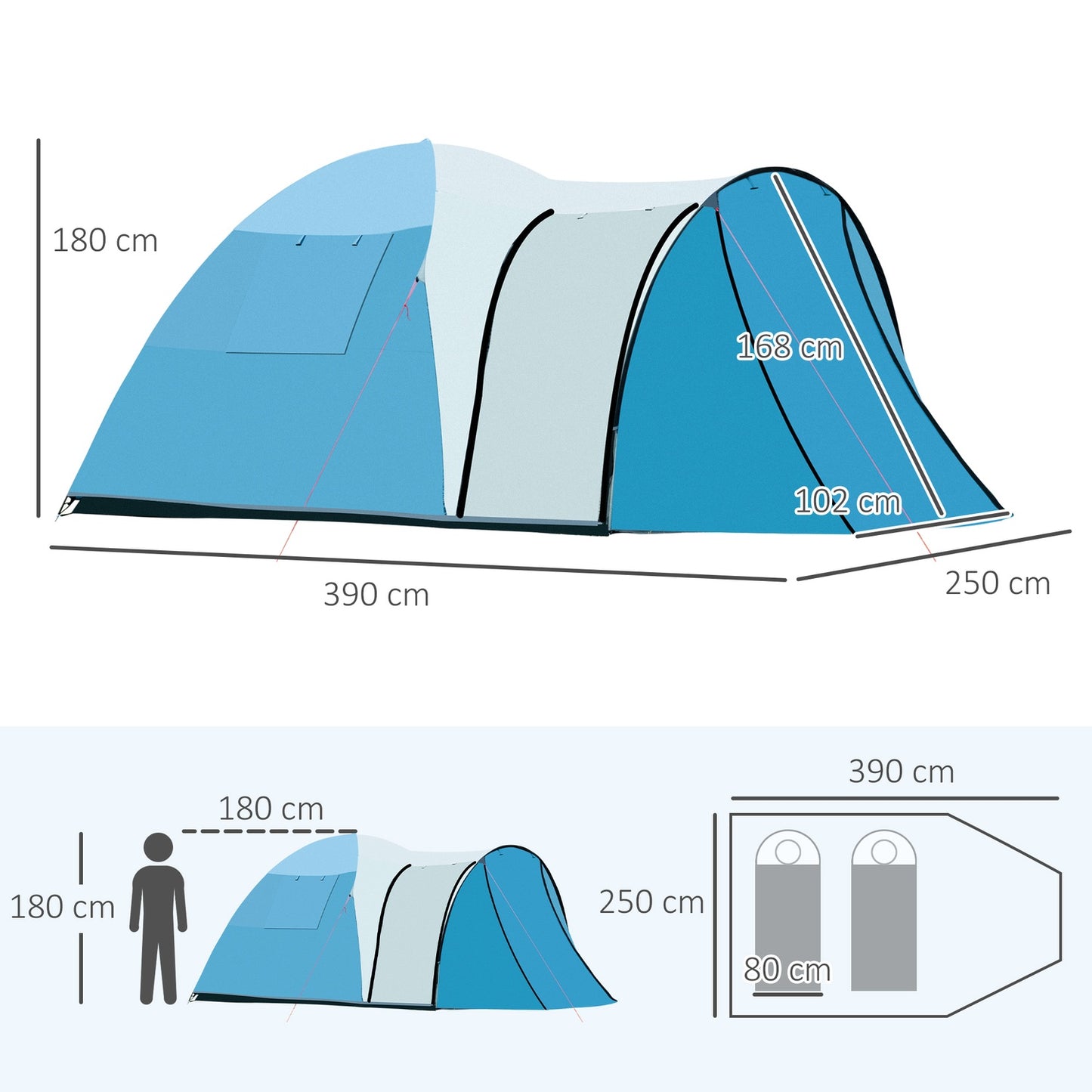 3-person family tent, bedroom and vestibule, waterproof blue