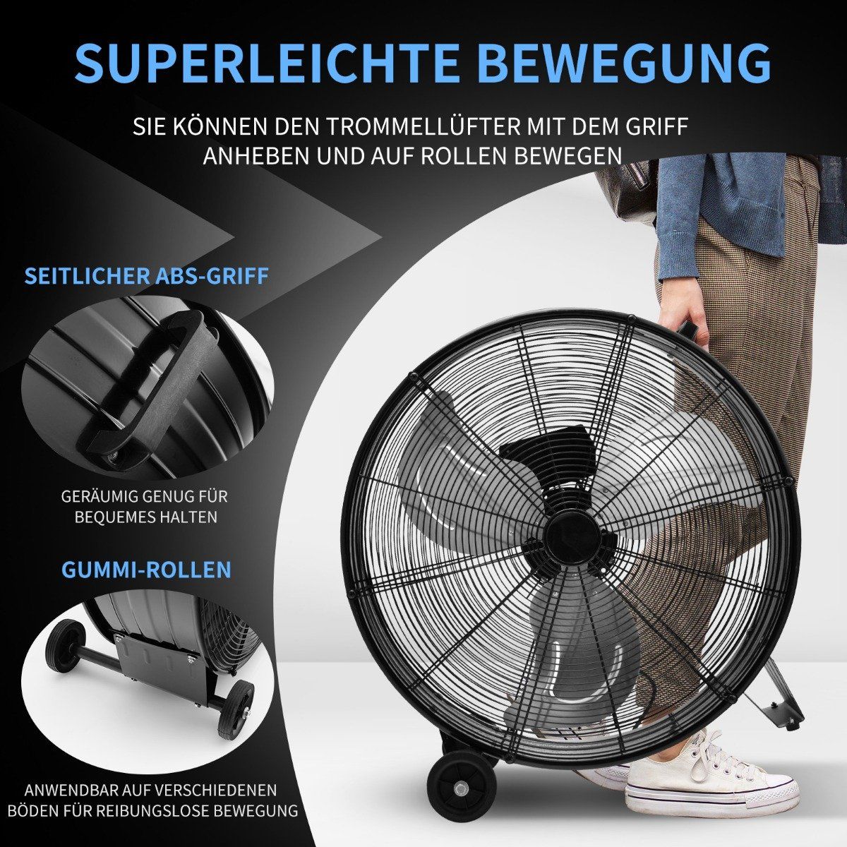 Fan drum fan pedestal fan industrial floor fan with wheels 3 speeds wind machine for warehouse workshop