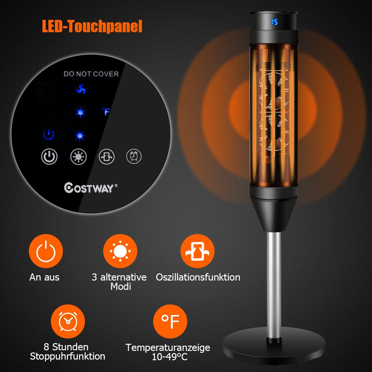 Fan heater electric heater oscillating ceramic tower heater 28 x 28 x 85 cm black