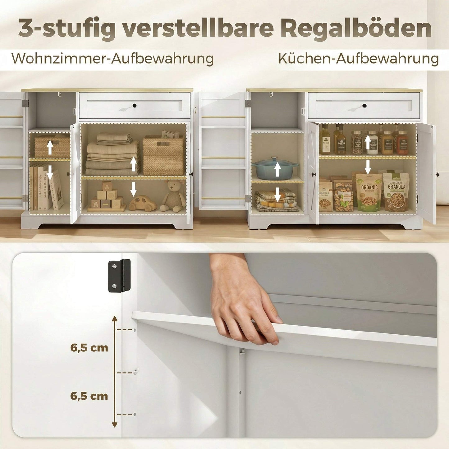 Farmhouse Kitchen Sideboard with Sliding Doors, Adjustable Shelves