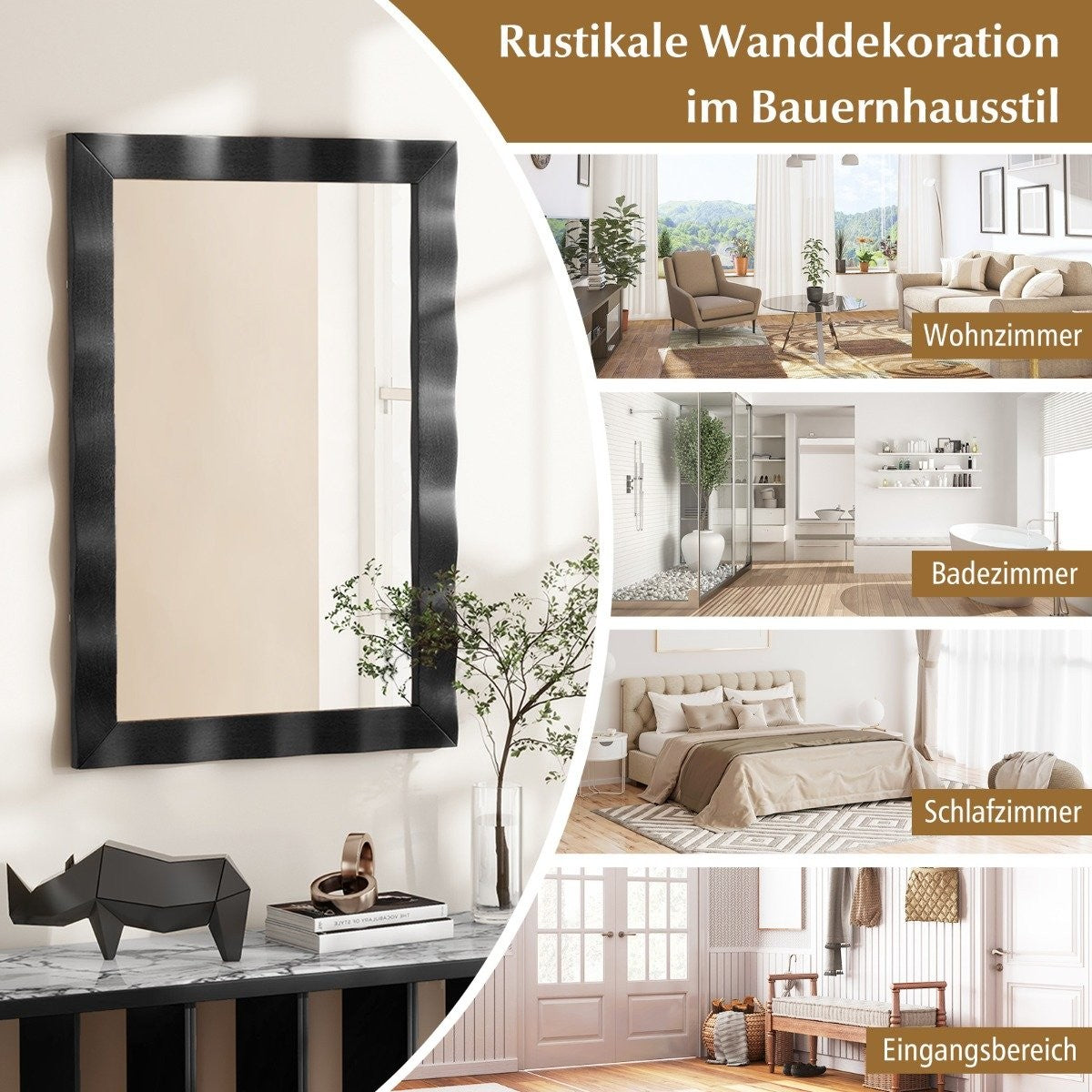 Farmhouse Rubberwood Frame Wooden Wall Mirror Rustic Bathroom Mirror Black