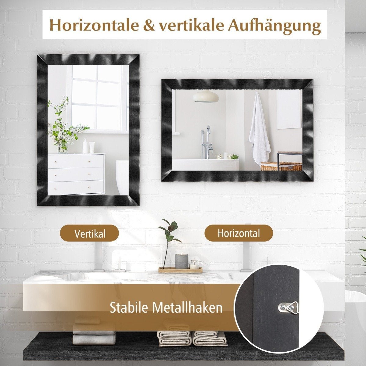 Farmhouse Rubberwood Frame Wooden Wall Mirror Rustic Bathroom Mirror Black