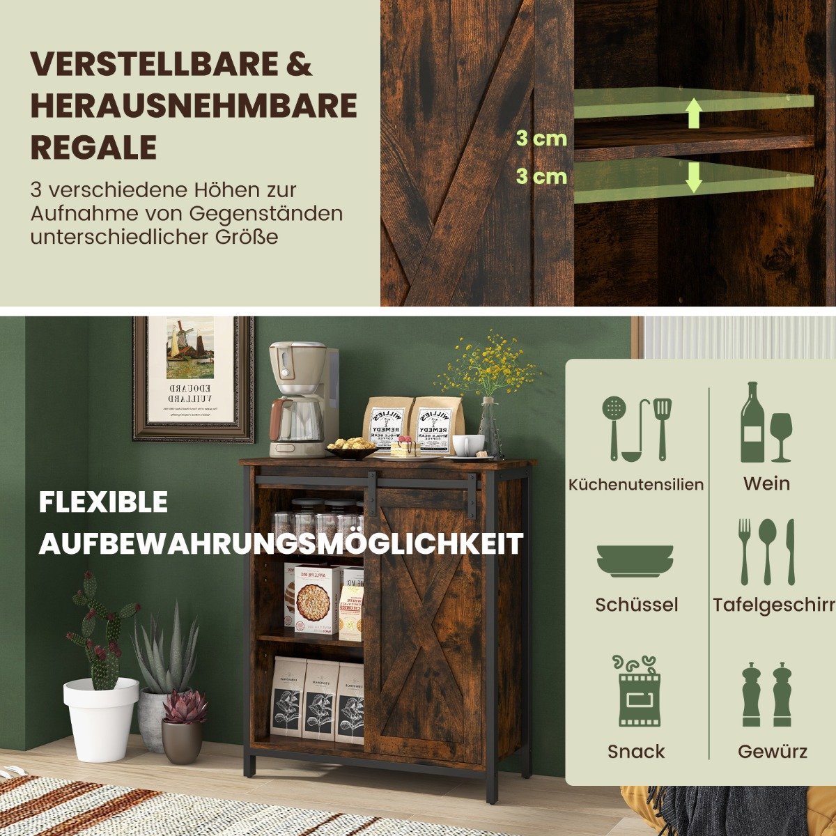 Farmhouse Style Kitchen Cabinet Rustic Sideboard with Sliding Door & Adjustable Shelves