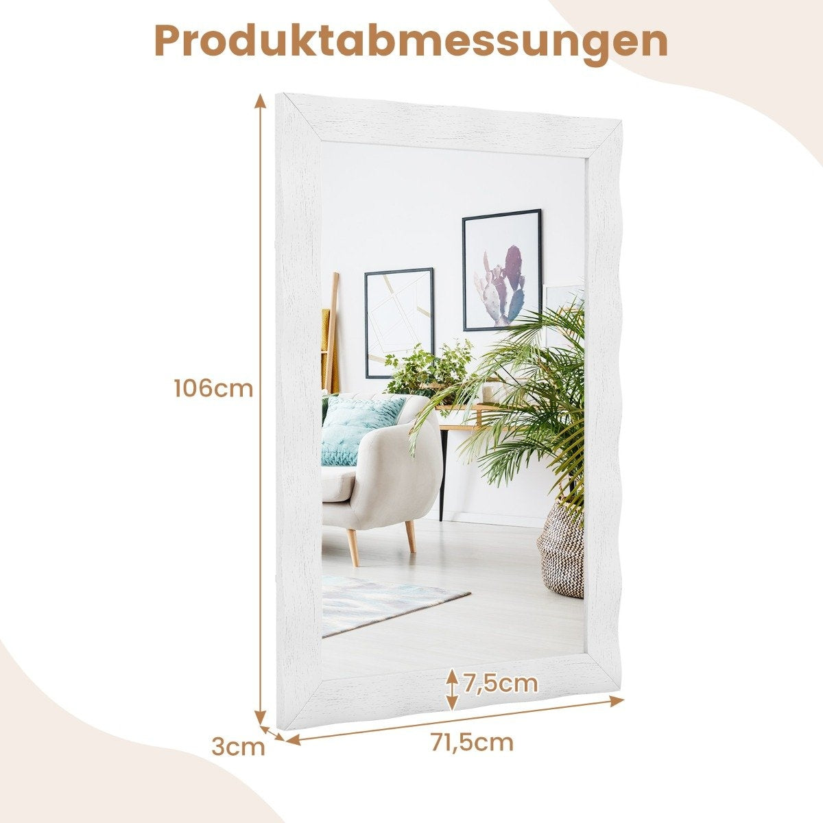 Farmhouse Wall Mirror with Rubberwood Wooden Frame Rustic Bathroom Mirror White