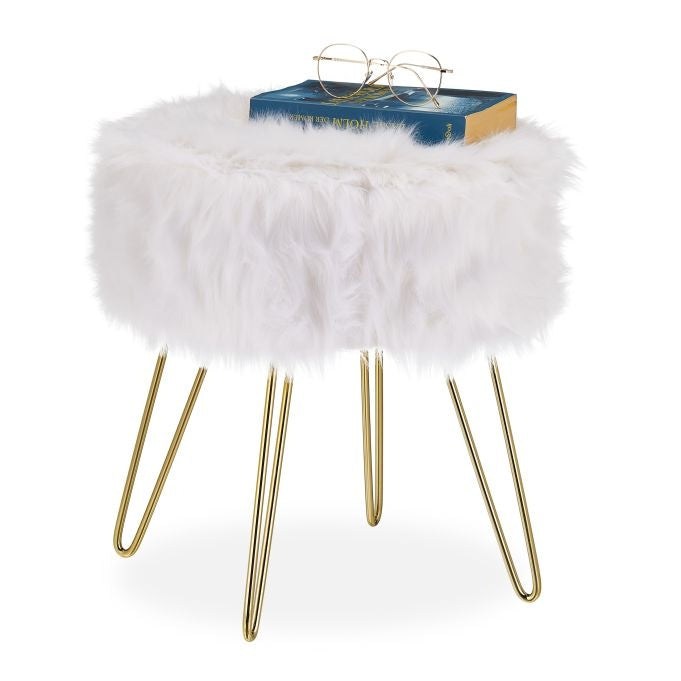 Faux Fur Stool in White-Gold
