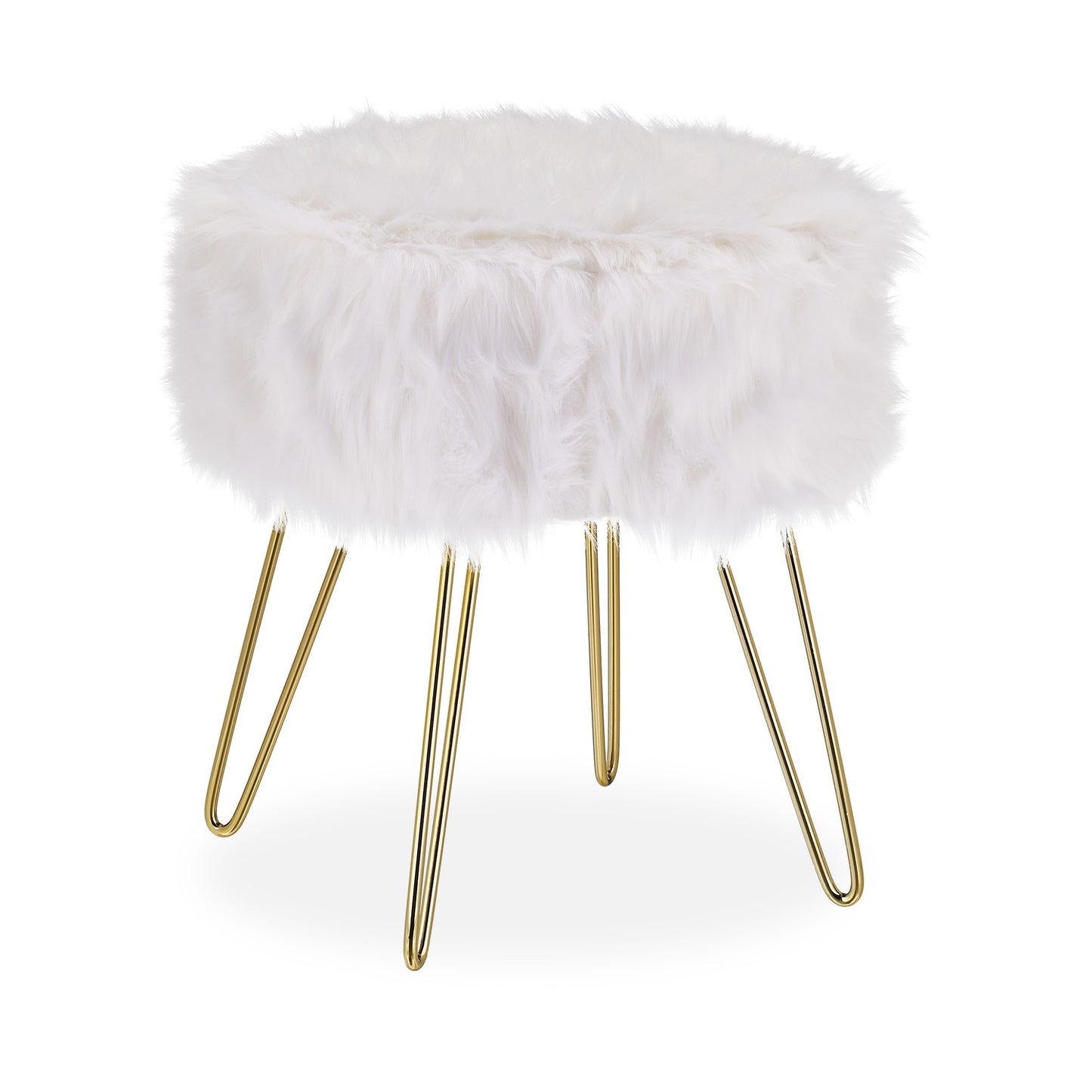 Faux Fur Stool in White-Gold