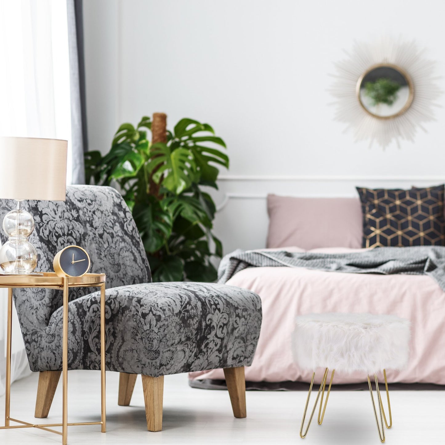 Faux Fur Stool in White-Gold