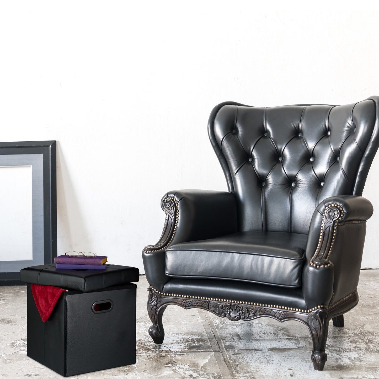 Faux Leather Storage Ottoman, Foldable Seat Stool