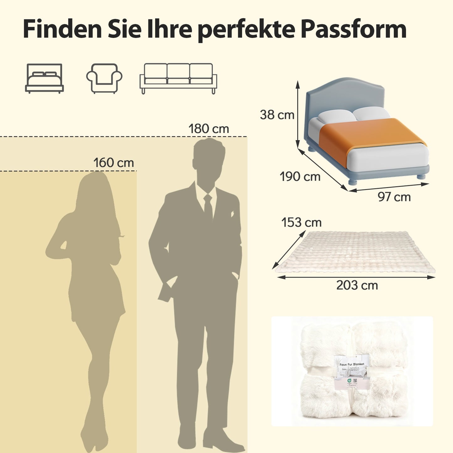 Faux Rabbit Fur Blanket, Beige, 153 x 203 cm