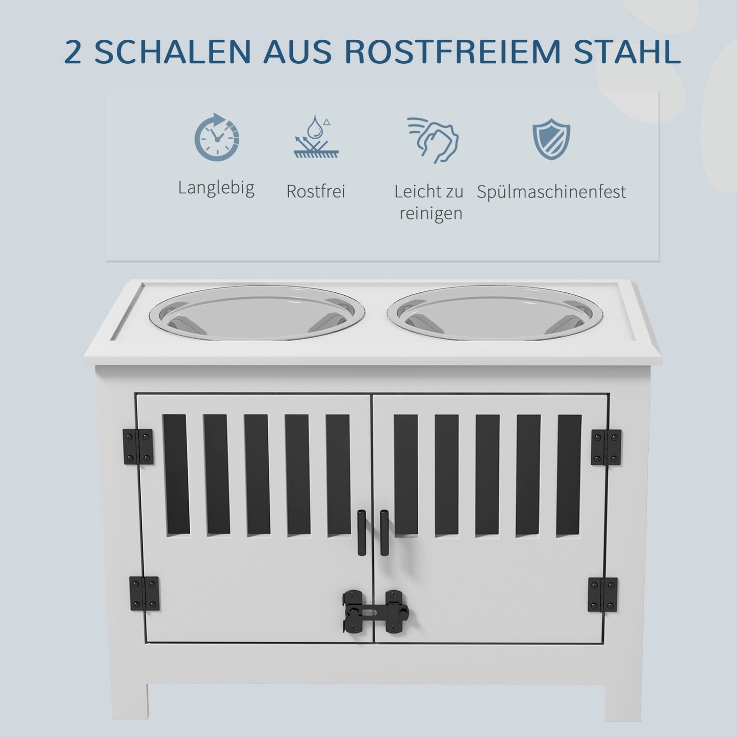 Raised Dog Feeding Station, 2L Stainless Steel Bowl, Storage, White