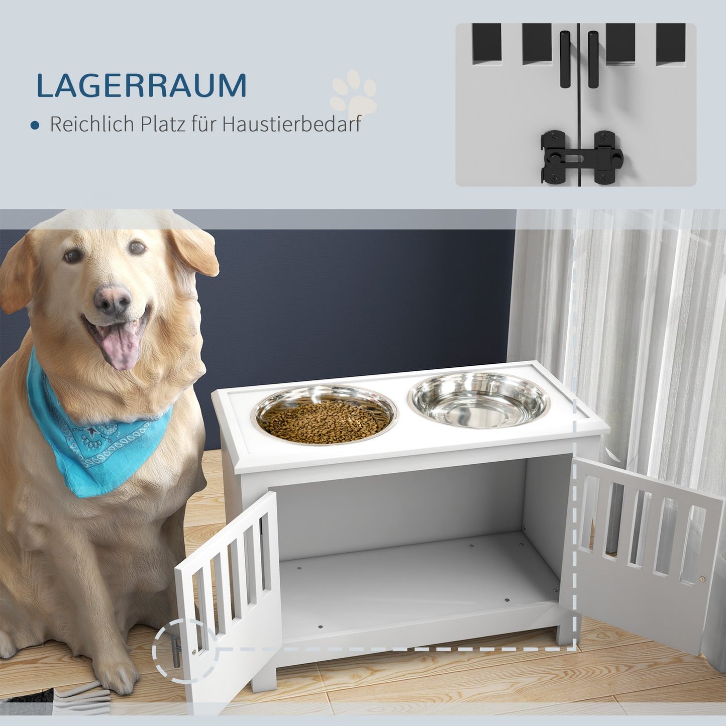 Raised Dog Feeding Station, 2L Stainless Steel Bowl, Storage, White