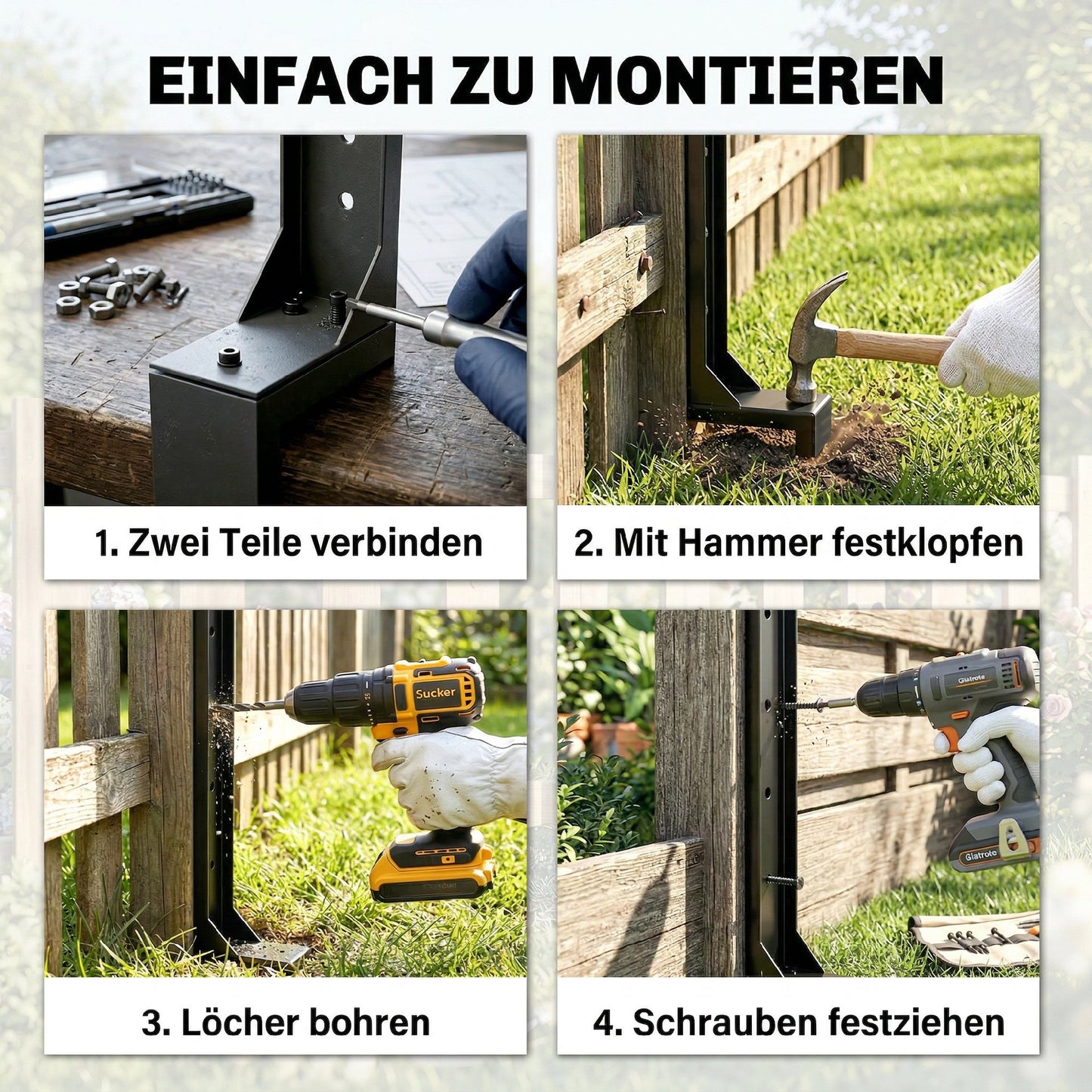 Fence Post Repair Kit, 2-Pack with Drill and Screws, Black