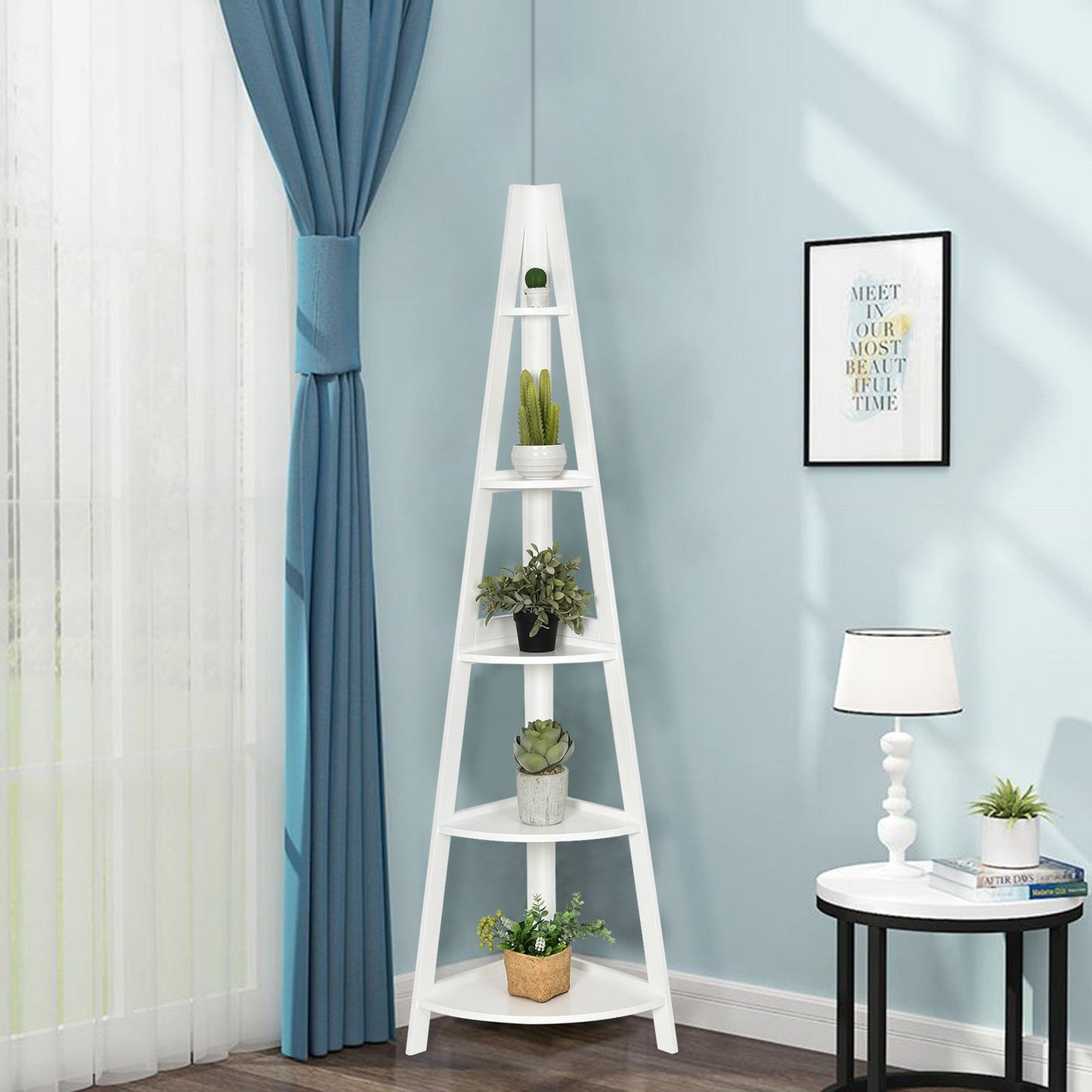 File Shelf 5 Shelves Ladder Style A-Shaped Standing Shelf Corner Shelf Wood White