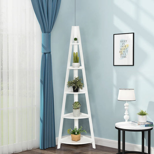 File Shelf 5 Shelves Ladder Style A-Shaped Standing Shelf Corner Shelf Wood White