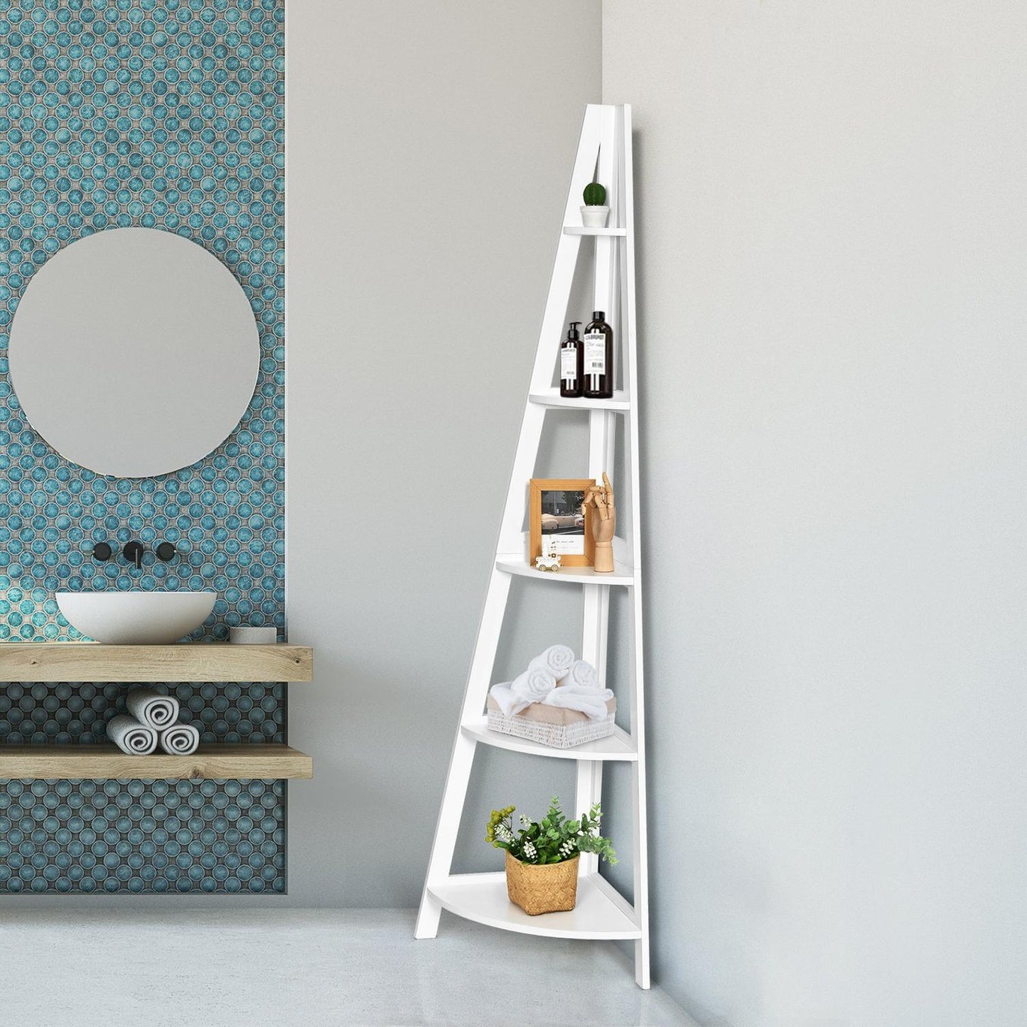 File Shelf 5 Shelves Ladder Style A-Shaped Standing Shelf Corner Shelf Wood White
