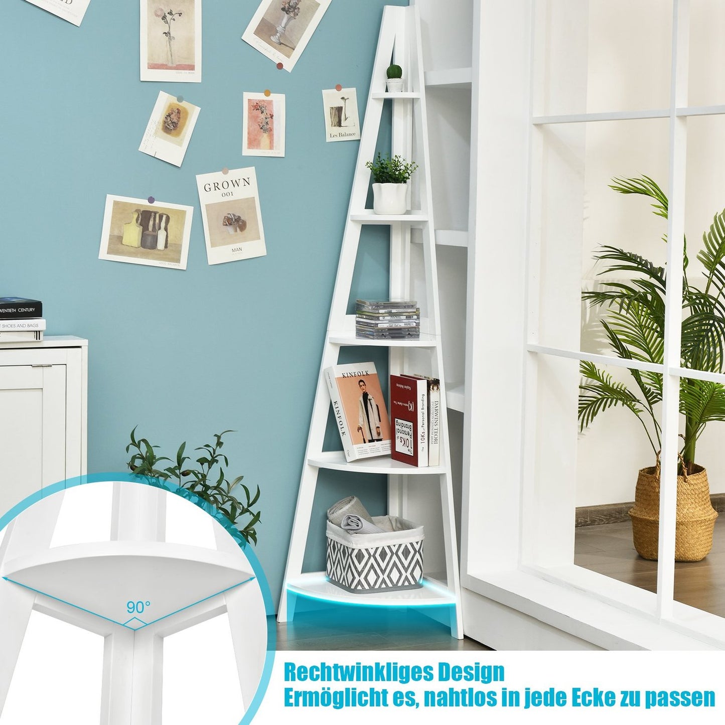 File Shelf 5 Shelves Ladder Style A-Shaped Standing Shelf Corner Shelf Wood White