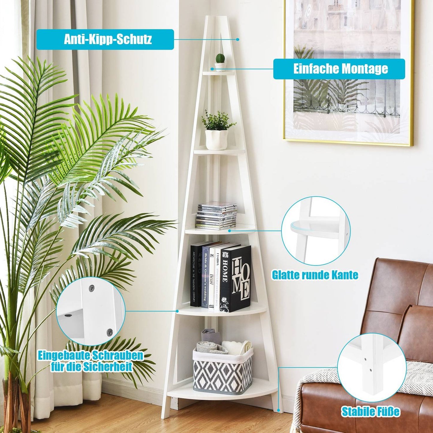 File Shelf 5 Shelves Ladder Style A-Shaped Standing Shelf Corner Shelf Wood White