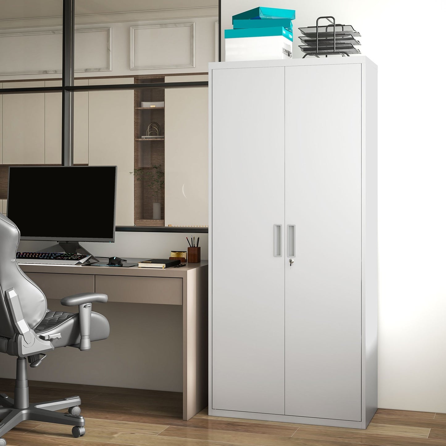 Steel Office File Cabinet, 5-Tier Adjustable Shelves, White