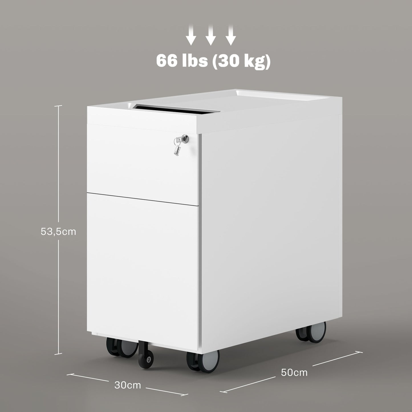 Filing cabinet with double lock, hanging file, powder-coated steel, 30x50x53.5 cm, white