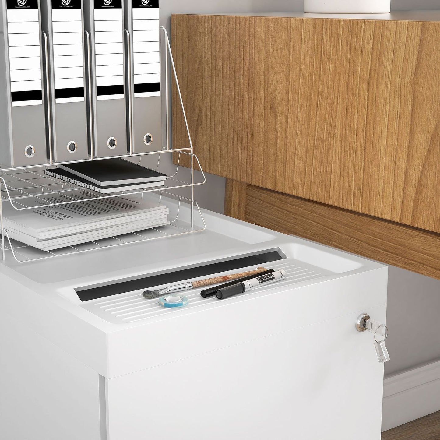 Filing cabinet with double lock, hanging file, powder-coated steel, 30x50x53.5 cm, white