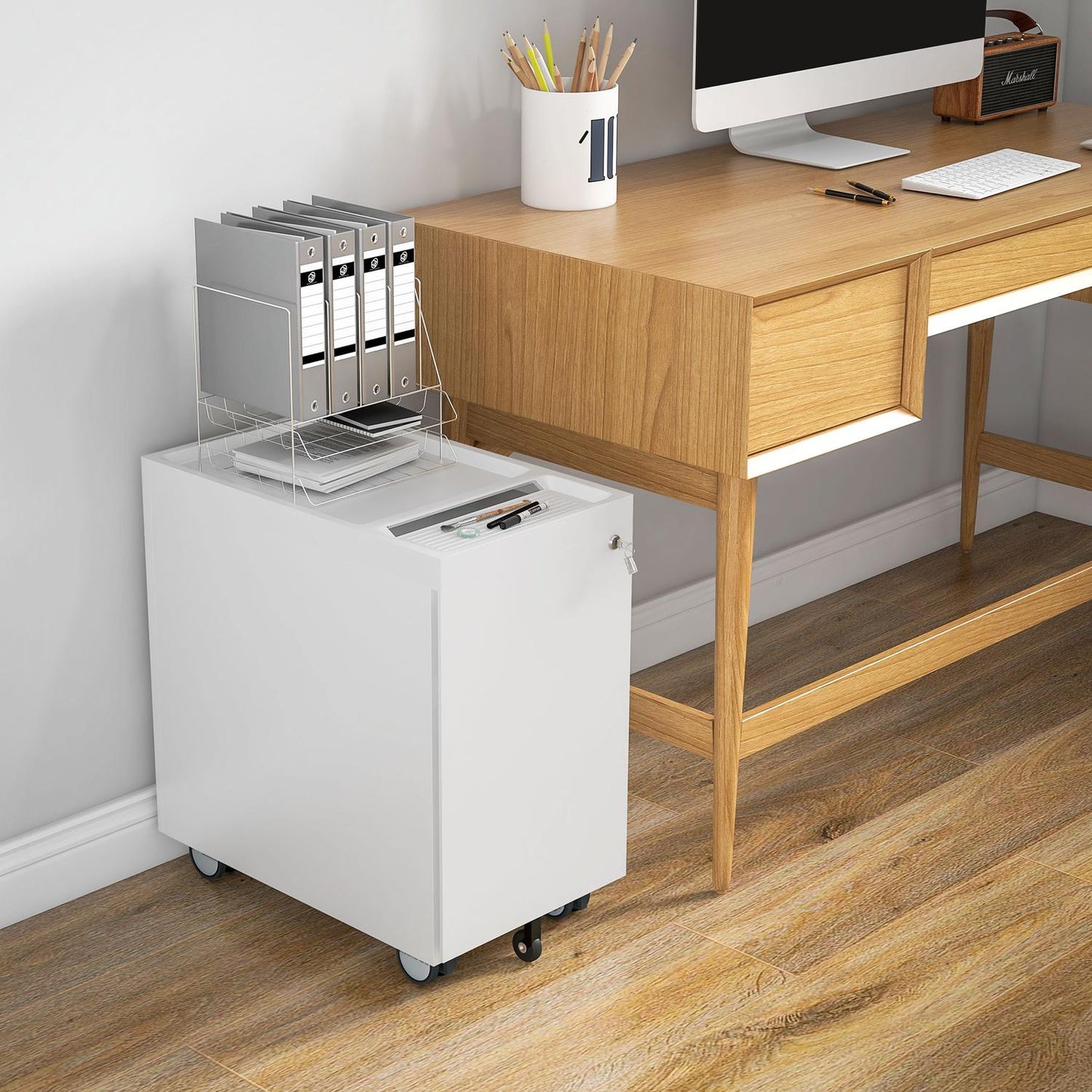 Filing cabinet with double lock, hanging file, powder-coated steel, 30x50x53.5 cm, white
