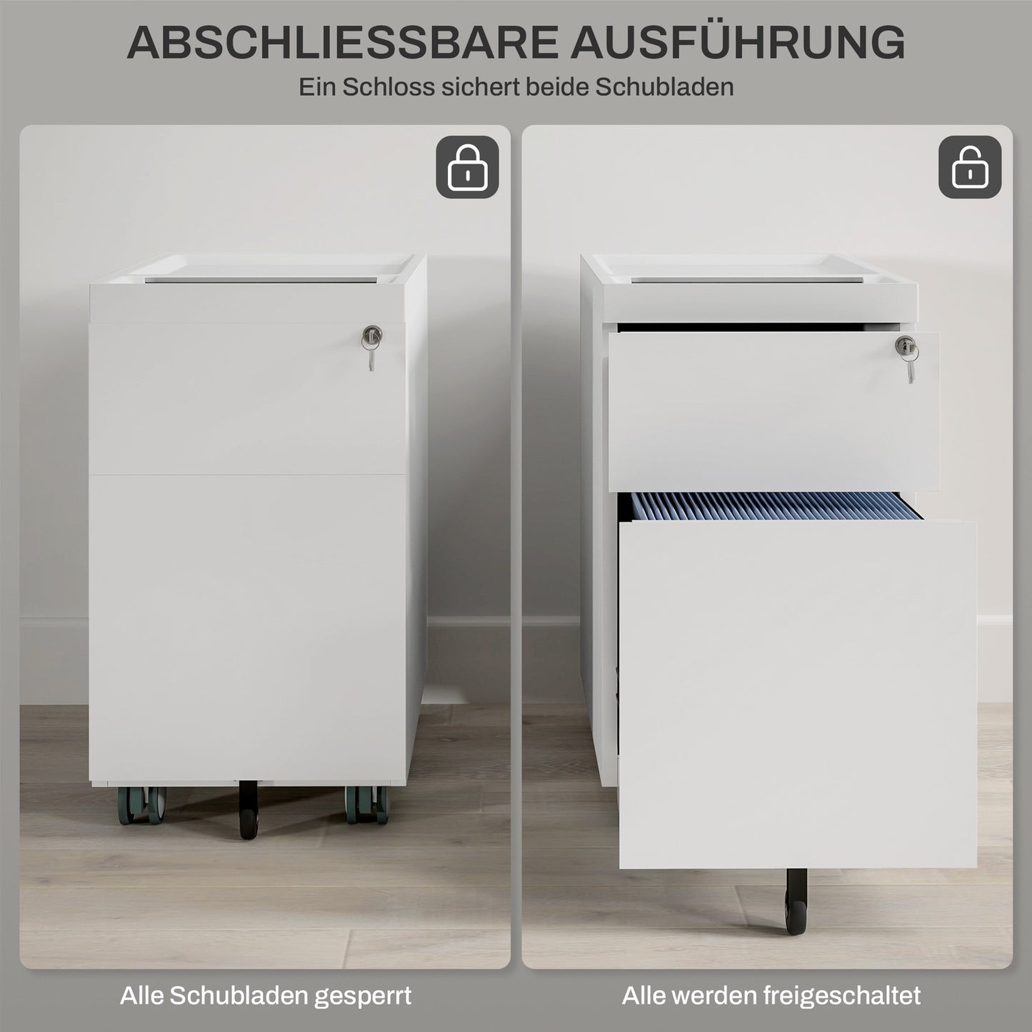 Filing cabinet with double lock, hanging file, powder-coated steel, 30x50x53.5 cm, white