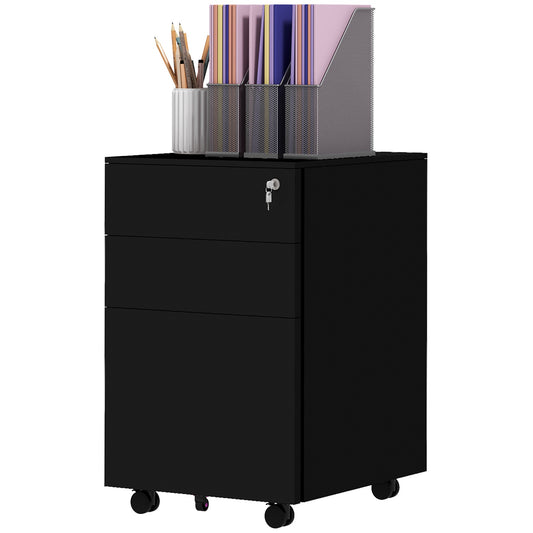 Lockable filing cabinet in steel, black, rollable with brakes