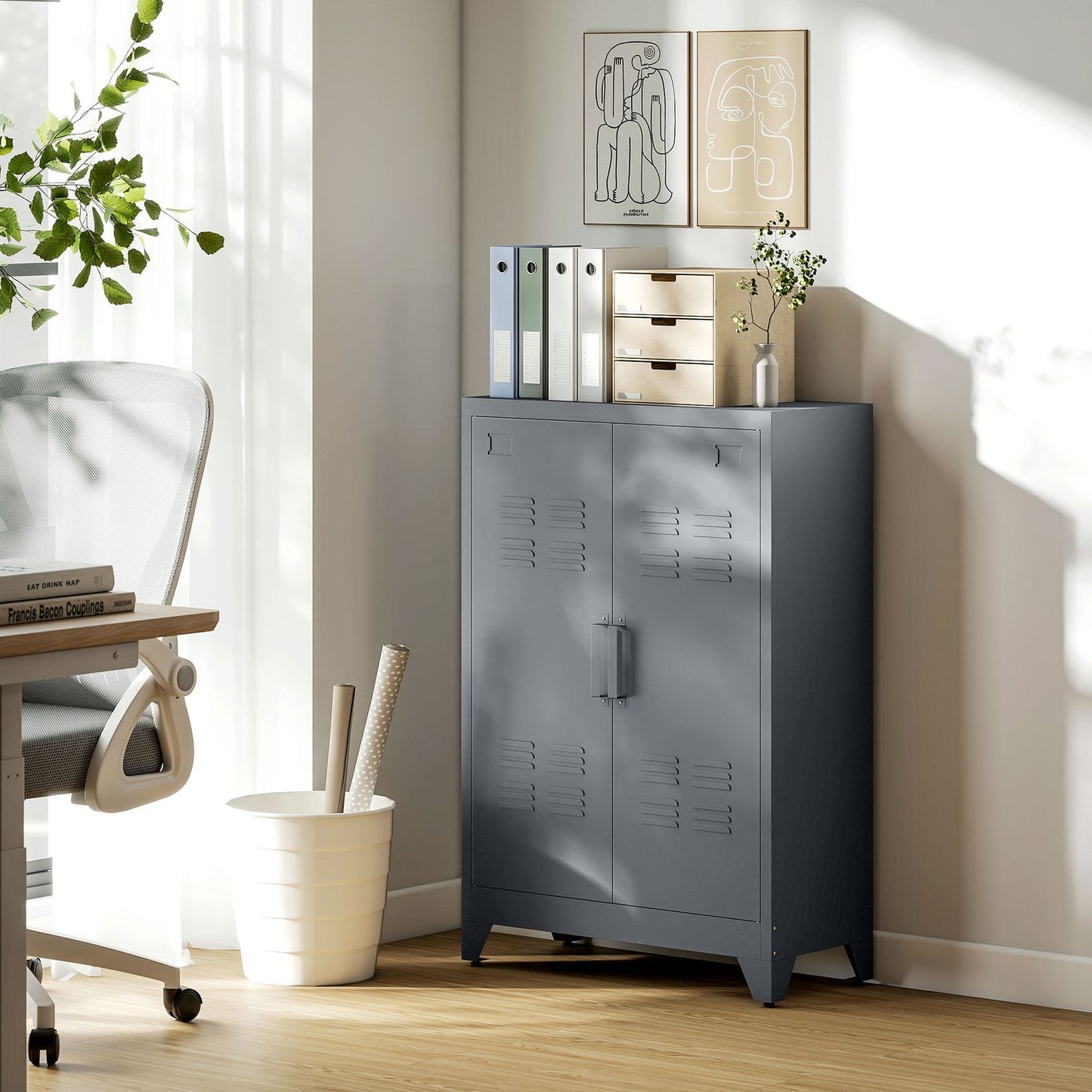 Metal Storage Cabinet with Louvre Doors, Adjustable Shelves, 75x33x110 cm
